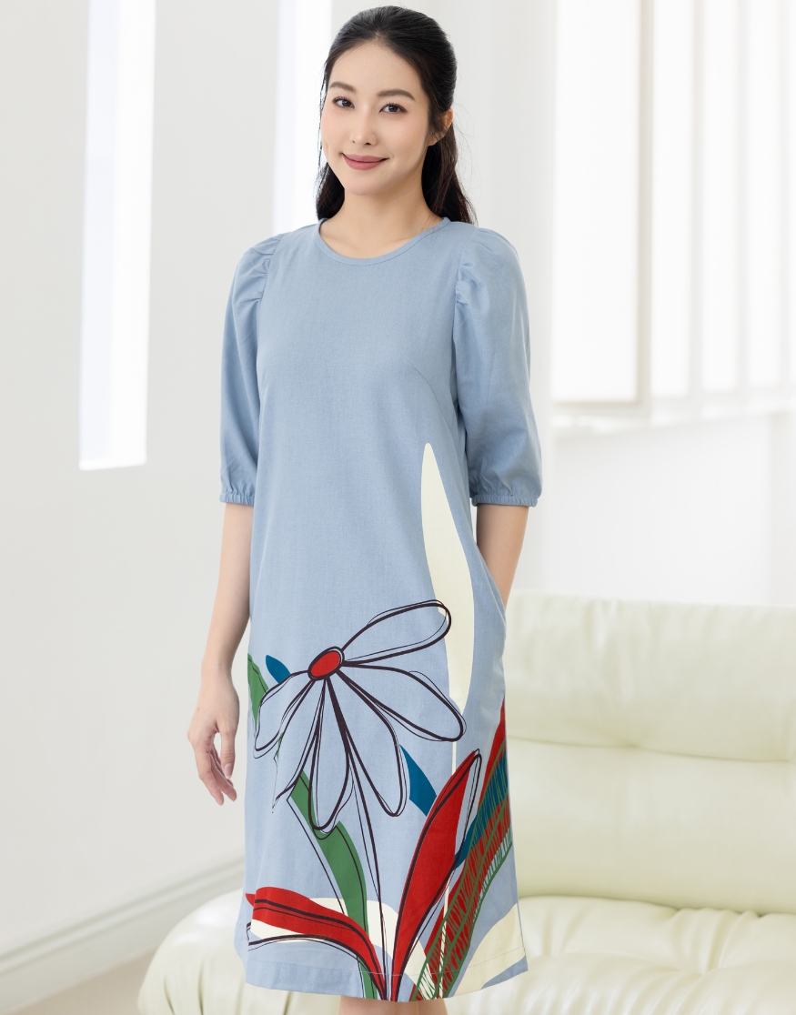 Đầm Phom A Linen In Hoa Swanlake - D11077LW01