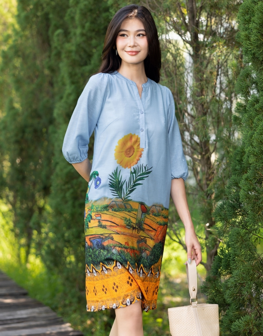 Đầm Cổ Trụ Lụa Linen Bông Suông Xanh Trời Swanlake - D11086LW03