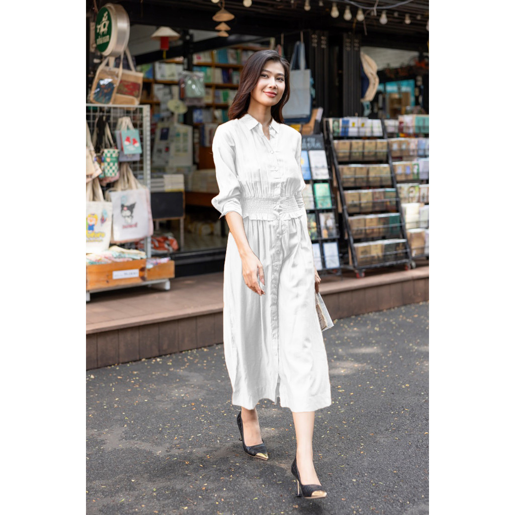 Đầm Sơ Mi Nhún Thun Eo Tay Dài Tơ Cotton Swanlake - D11399LW01