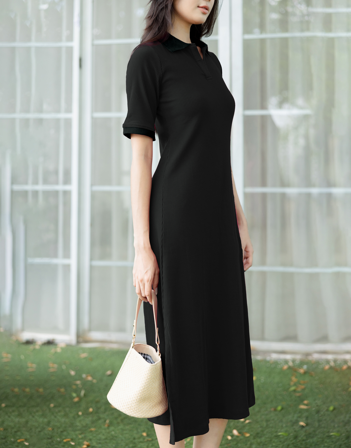 Đầm Thun Gân Tay Bo Thun Cổ Nẹp Đen Swanlake - D11408LW01