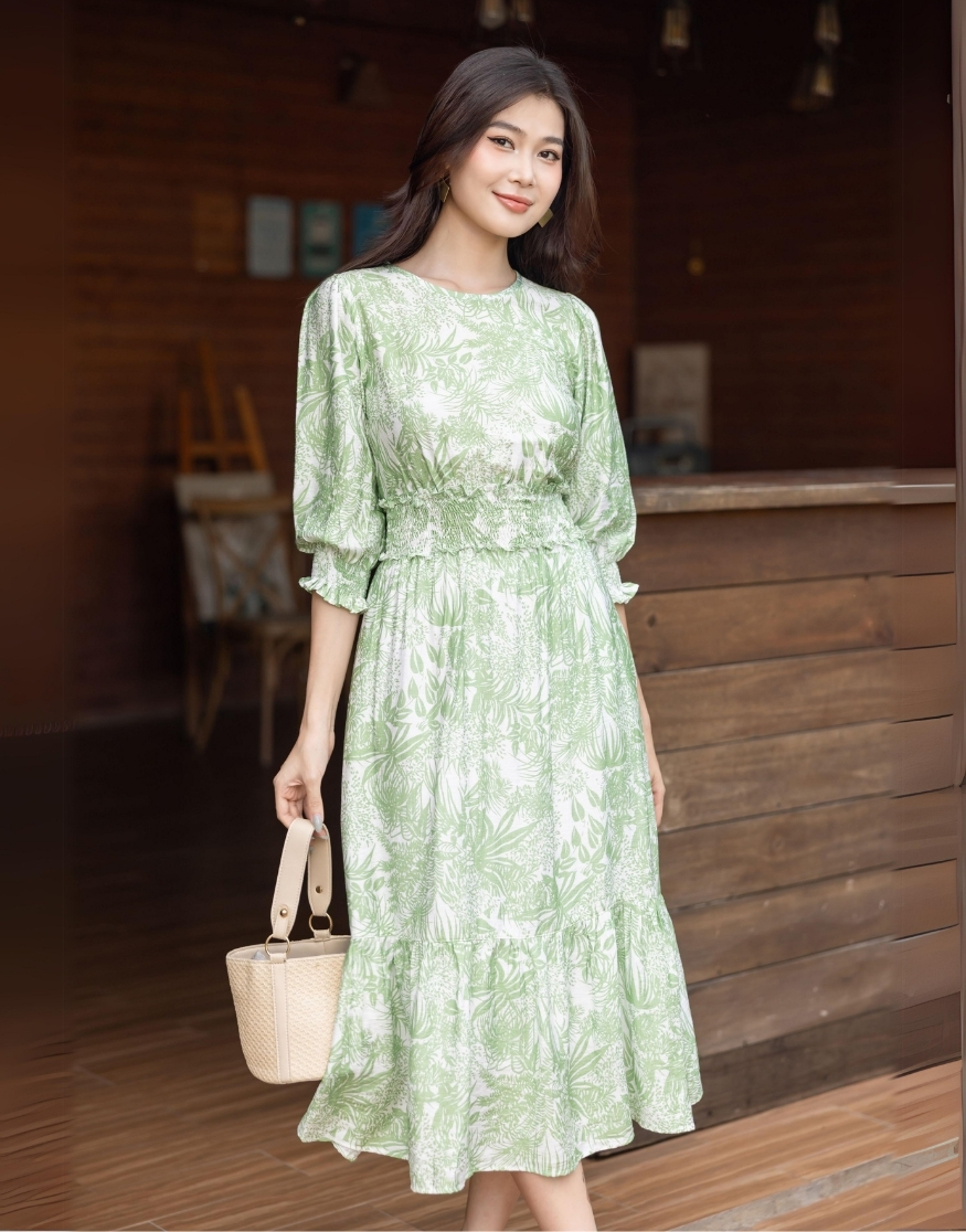 Đầm Đũi Bông Bản Eo Nhún Thun Chỉ Swanlake - D11465LW01