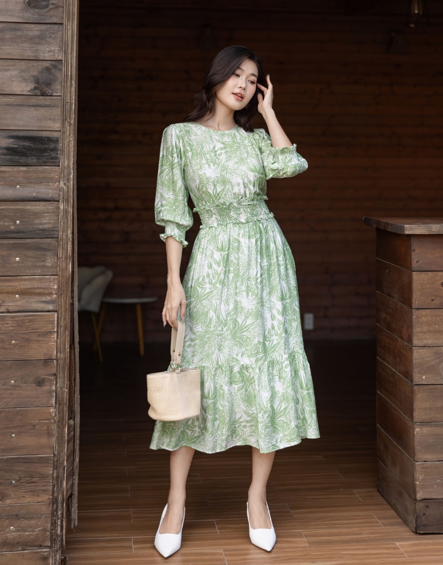 Đầm Đũi Bông Bản Eo Nhún Thun Chỉ Swanlake - D11465LW01