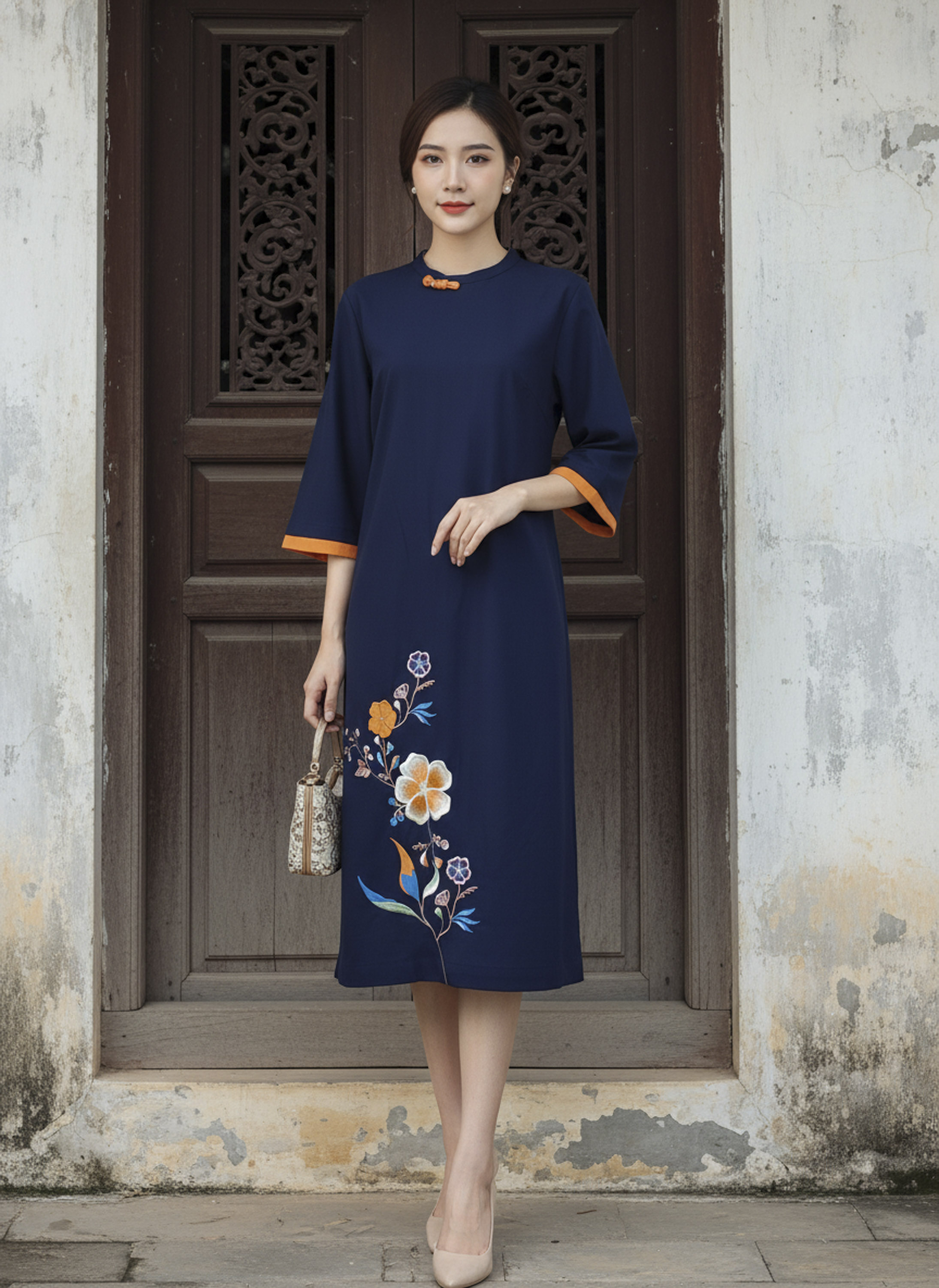 SWANLAKE | Váy Đầm Midi Nữ Phom Suông Cổ Tròn Tay Lỡ Thêu Hoa Chất Vải Linen Đi Tết Dự Tiệc D13232LW01