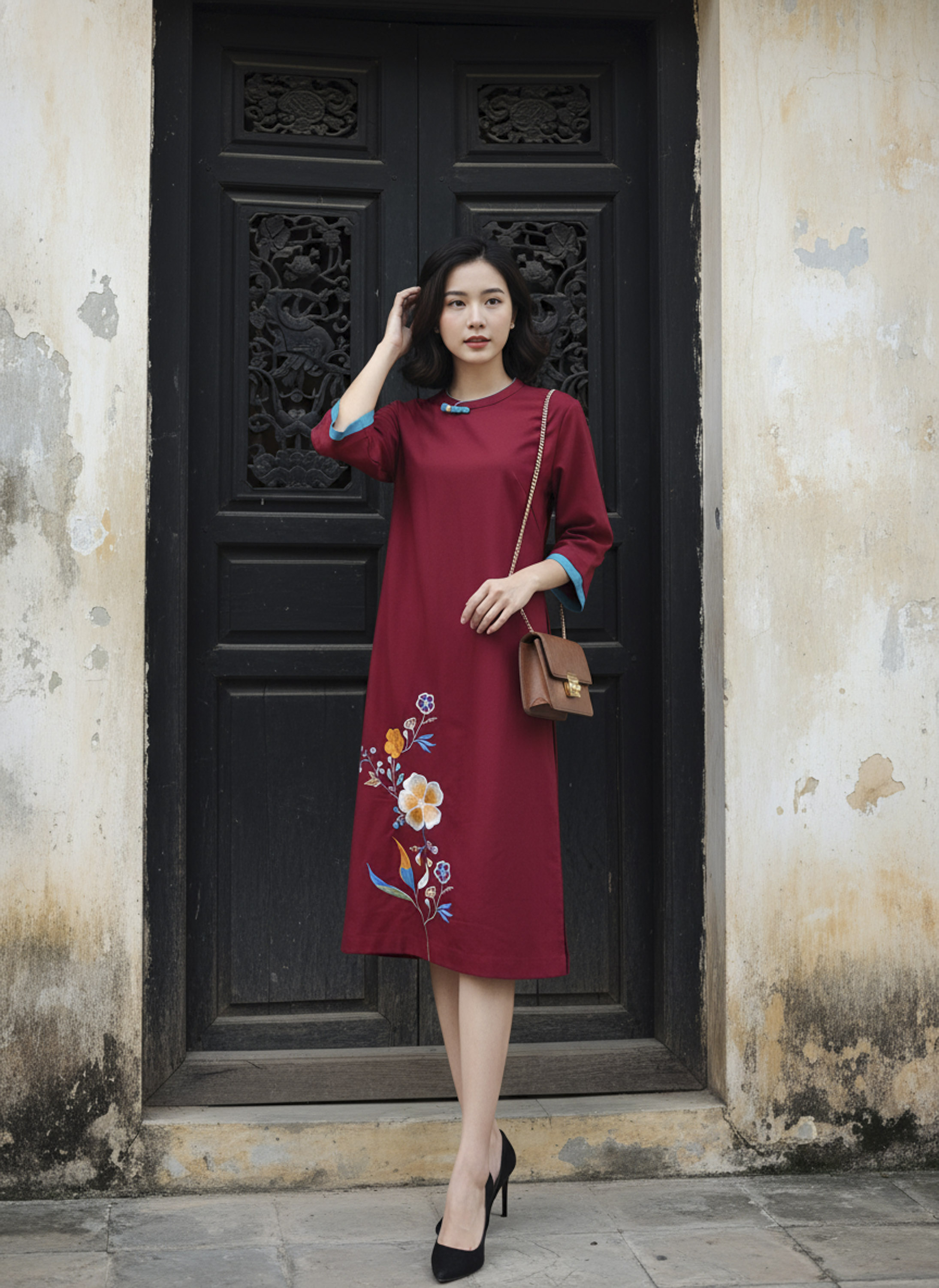 SWANLAKE | Váy Đầm Midi Nữ Phom Suông Cổ Tròn Tay Lỡ Thêu Hoa Chất Vải Linen Đi Tết Dự Tiệc D13232LW01