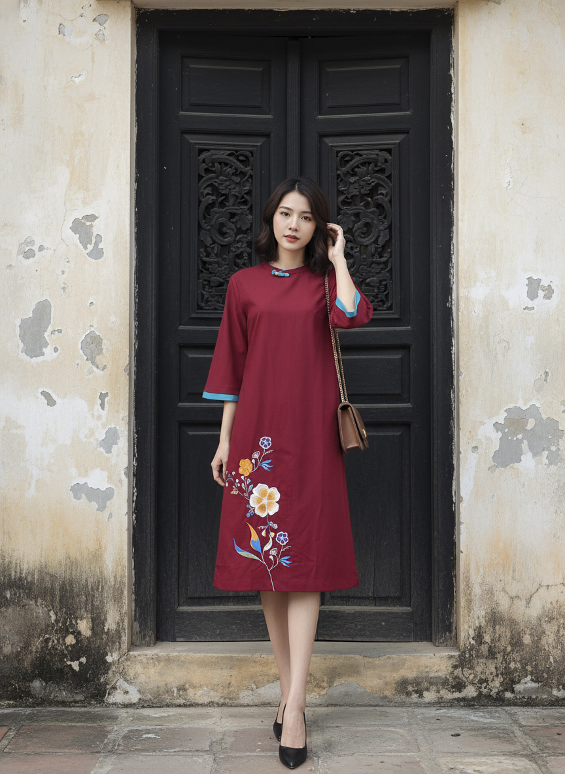 SWANLAKE | Váy Đầm Midi Nữ Phom Suông Cổ Tròn Tay Lỡ Thêu Hoa Chất Vải Linen Đi Tết Dự Tiệc D13232LW01