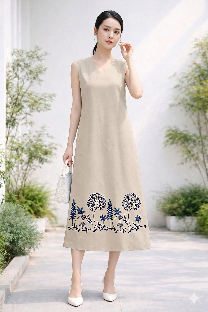 SWANLAKE | Váy Đầm Nữ Suông Sát Nách Cổ Chữ V Vải Linen Hàn Thêu Hoa Du Lịch Dạo Phố Hè D13721LW01