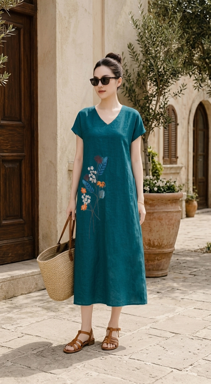 SWANLAKE | Váy Đầm Nữ Maxi Suông Tay Hến Cổ Chữ V Vải Linen Thêu Hoa Công Sở Dạo Phố Hè D13729LW01