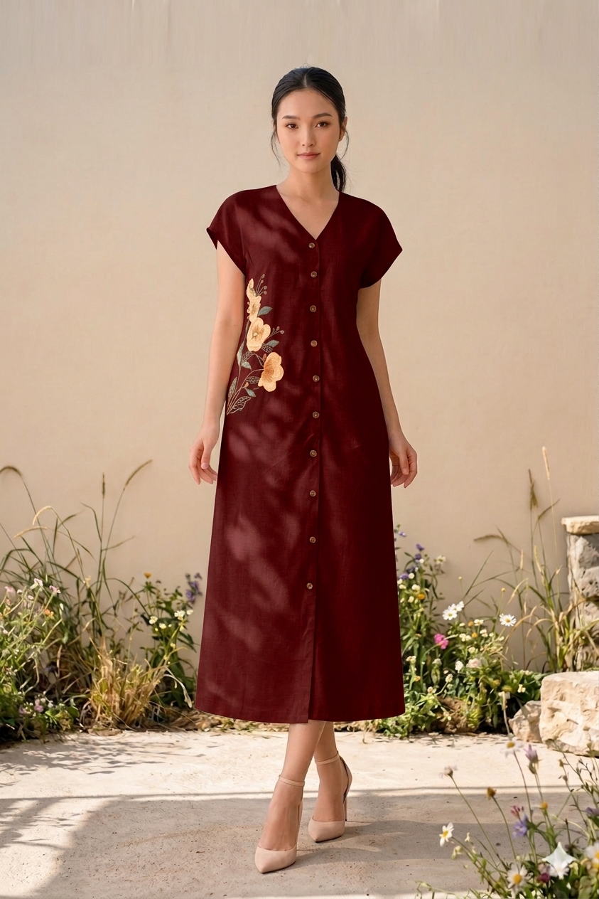 SWANLAKE | Váy Đầm Nữ Maxi Suông Tay Hến Cổ Chữ V Cài Nút Vải Linen Thêu Hoa Công Sở Dạo Phố D13782LW01