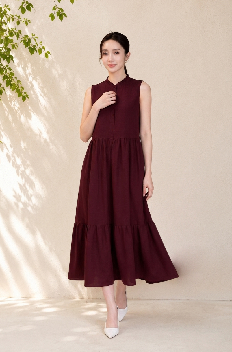 SWANLAKE | Váy Đầm Nữ Dài Đuôi Cá Xòe Sát Nách Vải Linen Hàn Cổ Trụ Cài Nút Công Sở Dạo Phố D13839LW01