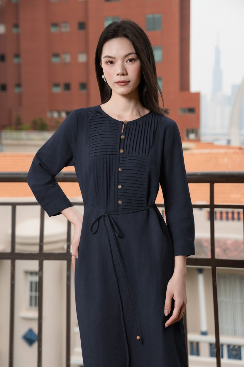 SWANLAKE | Váy Đầm Nữ Suông Cổ Tròn Cài Nút Tay Lỡ Vải Linen Dây Thắt Eo Công Sở Thanh Lịch D13306LW01