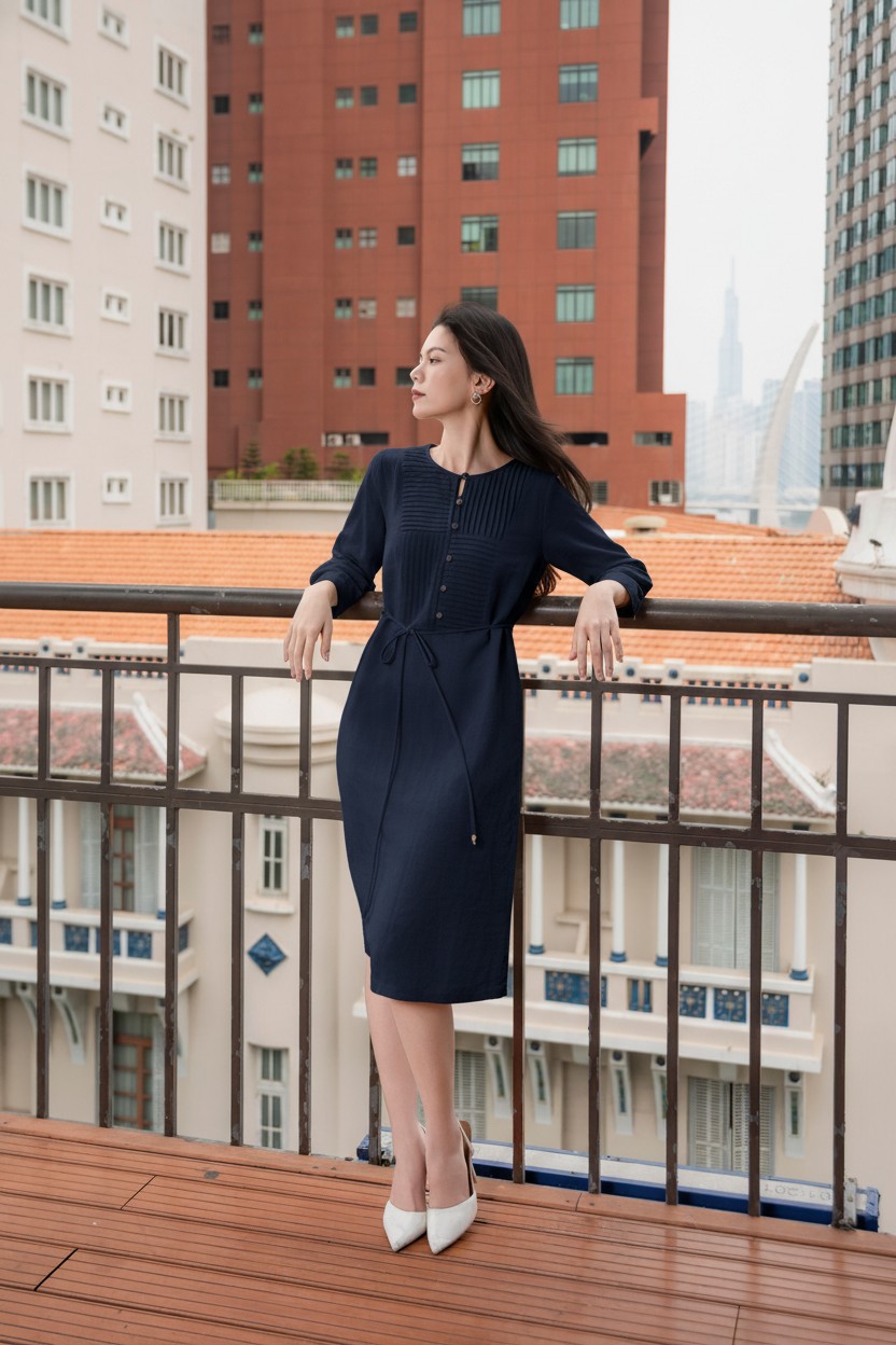 SWANLAKE | Váy Đầm Nữ Suông Cổ Tròn Cài Nút Tay Lỡ Vải Linen Dây Thắt Eo Công Sở Thanh Lịch D13306LW01
