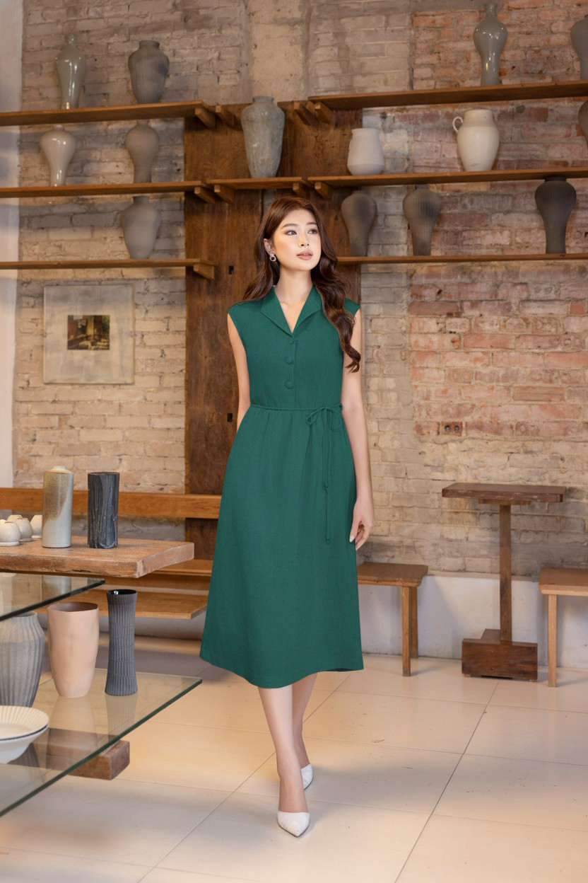 SWANLAKE | Váy Đầm Nữ Midi Sát Nách Cổ Sơ Mi Dây Thắt Eo Vải Linen Cao Cấp Thanh Lịch D13472LW01