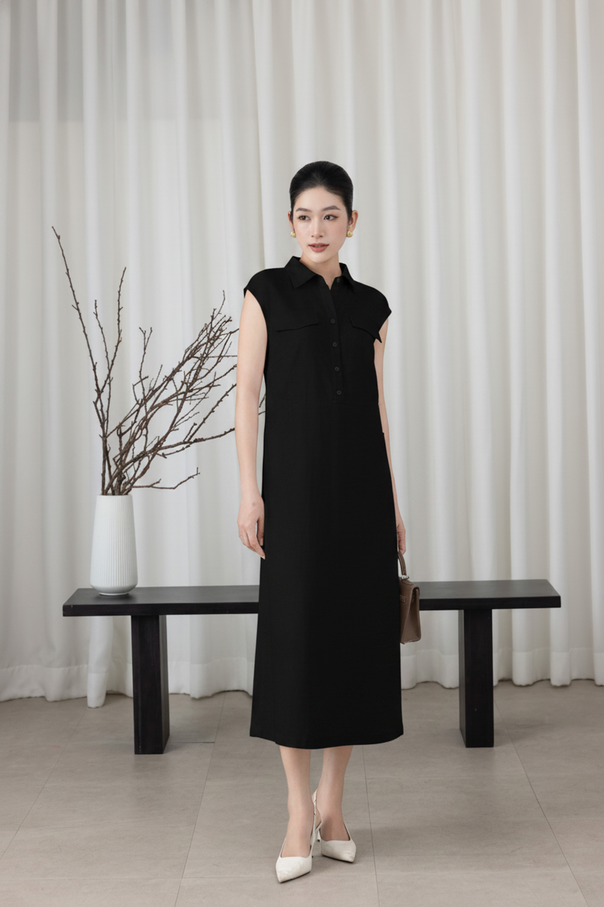 SWANLAKE | Váy Đầm Nữ Suông Vải Linen Cổ Sơ Mi Cài Nút Tay Hến Có Túi Dây Thắt Eo Công Sở D13644LW01