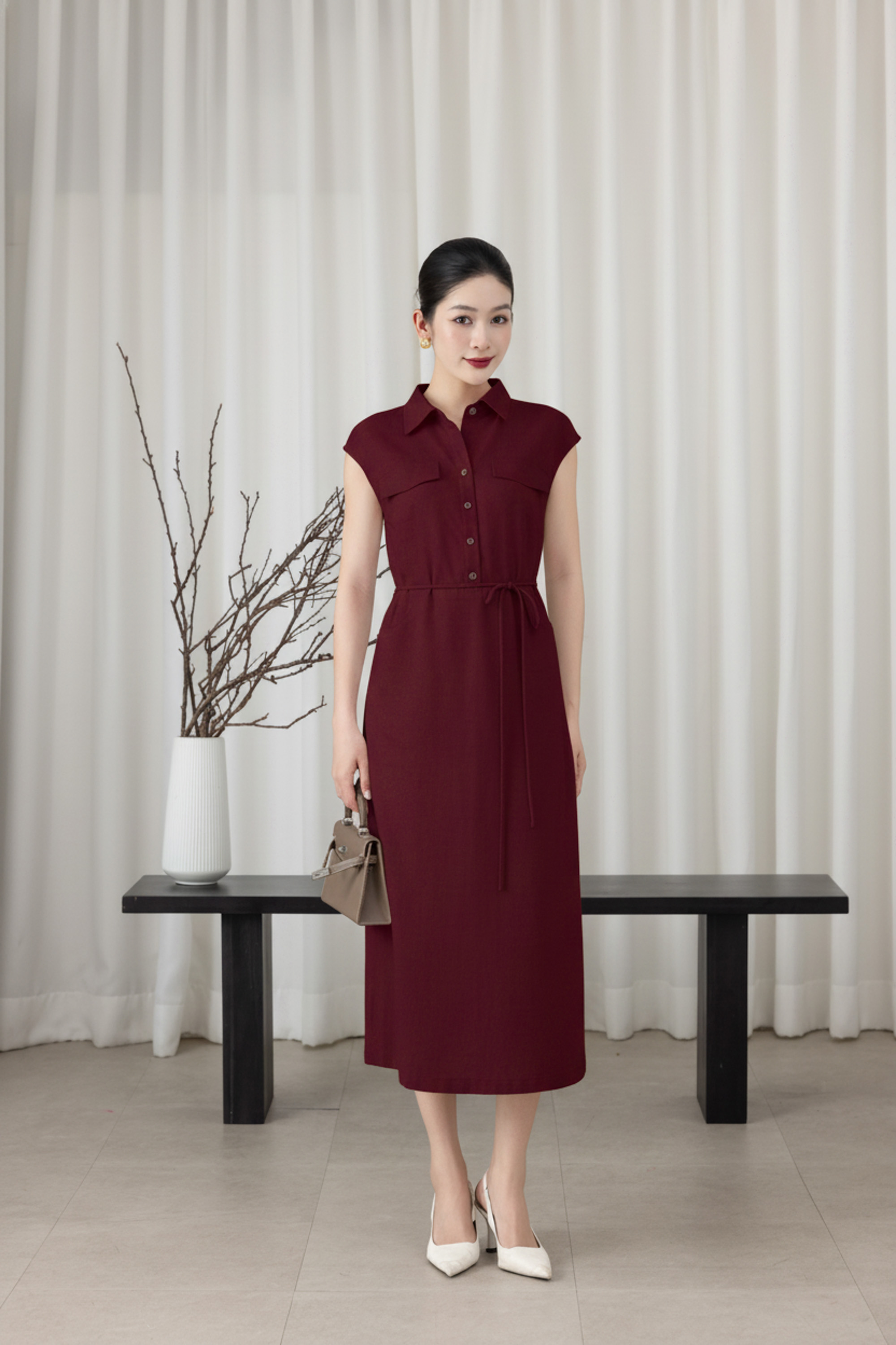 SWANLAKE | Váy Đầm Nữ Suông Vải Linen Cổ Sơ Mi Cài Nút Tay Hến Có Túi Dây Thắt Eo Công Sở D13644LW01