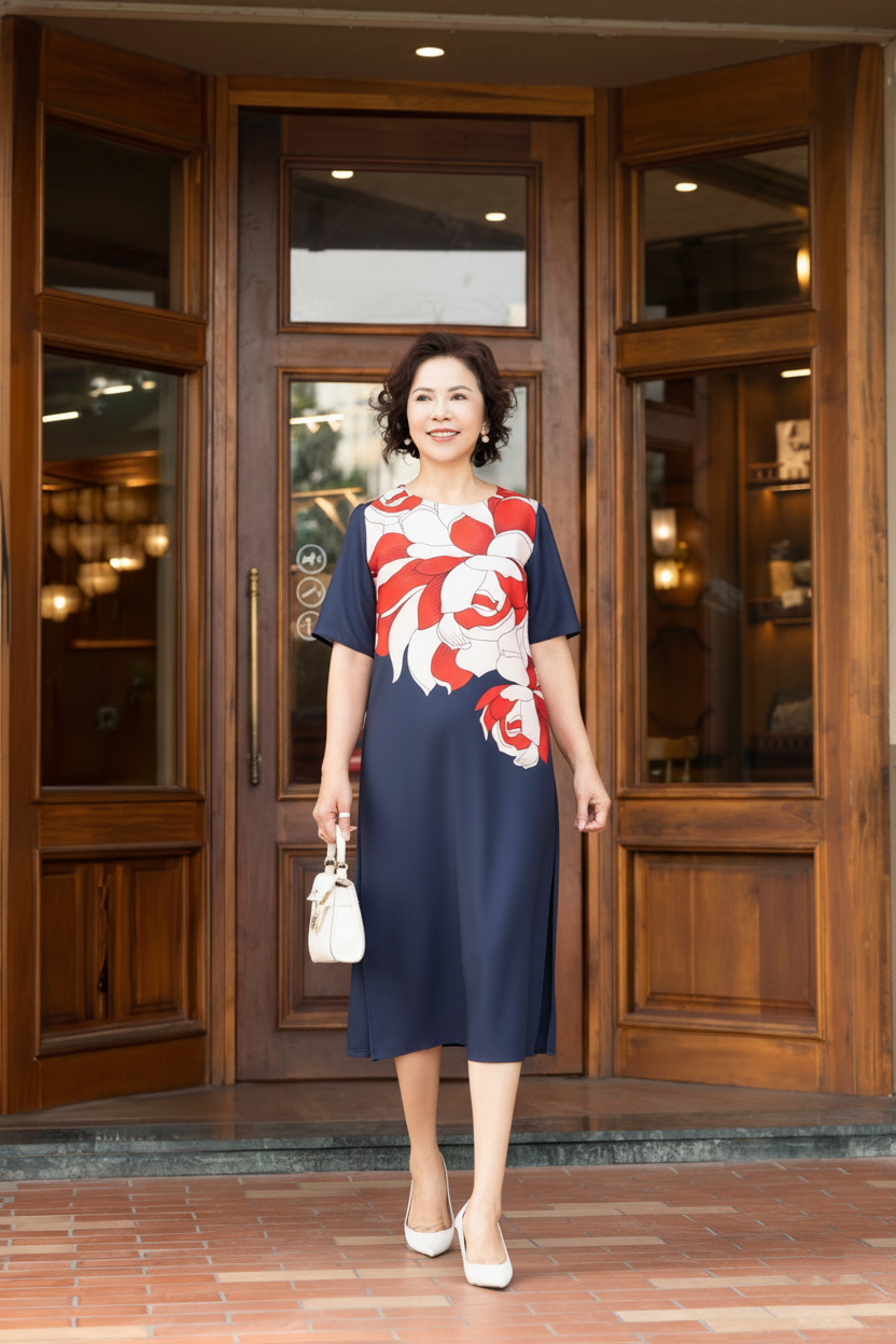 M COLLECTION | Đầm Lụa Day Co Giãn Chân Bông Đi Tiệc Trung Niên, Tặng Mẹ Sang Trọng D12571LW01