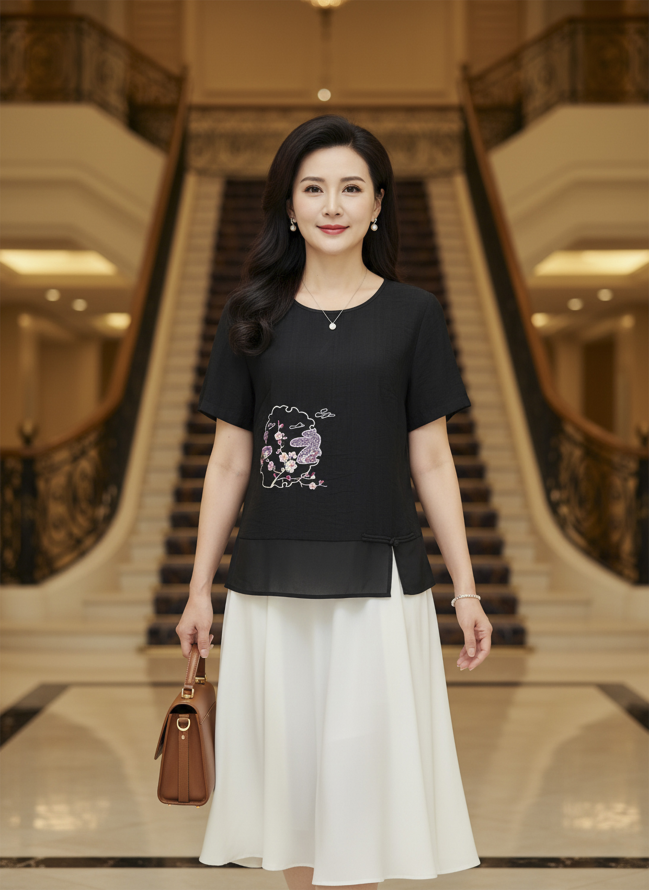 M COLLECTION | Áo Kiểu Nữ Trung Niên Tặng Mẹ Bà Chất Vải Lụa Hàn Thêu Hoa Cổ Tròn Tay Ngắn A12342