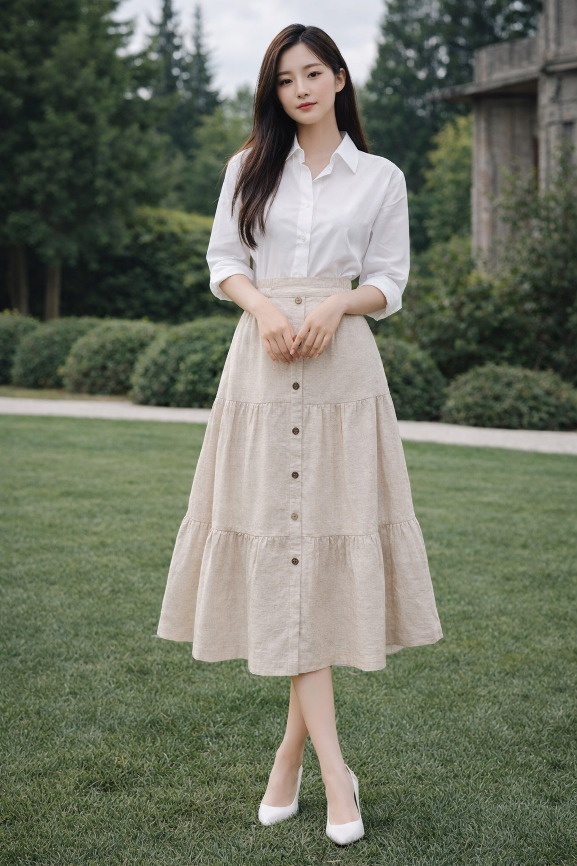 SWANLAKE | Chân Váy Nữ Dài Xòe Nhiều Tầng Lưng Thun Vải Linen Đính Nút Công Sở Thanh Lịch V13795LW01
