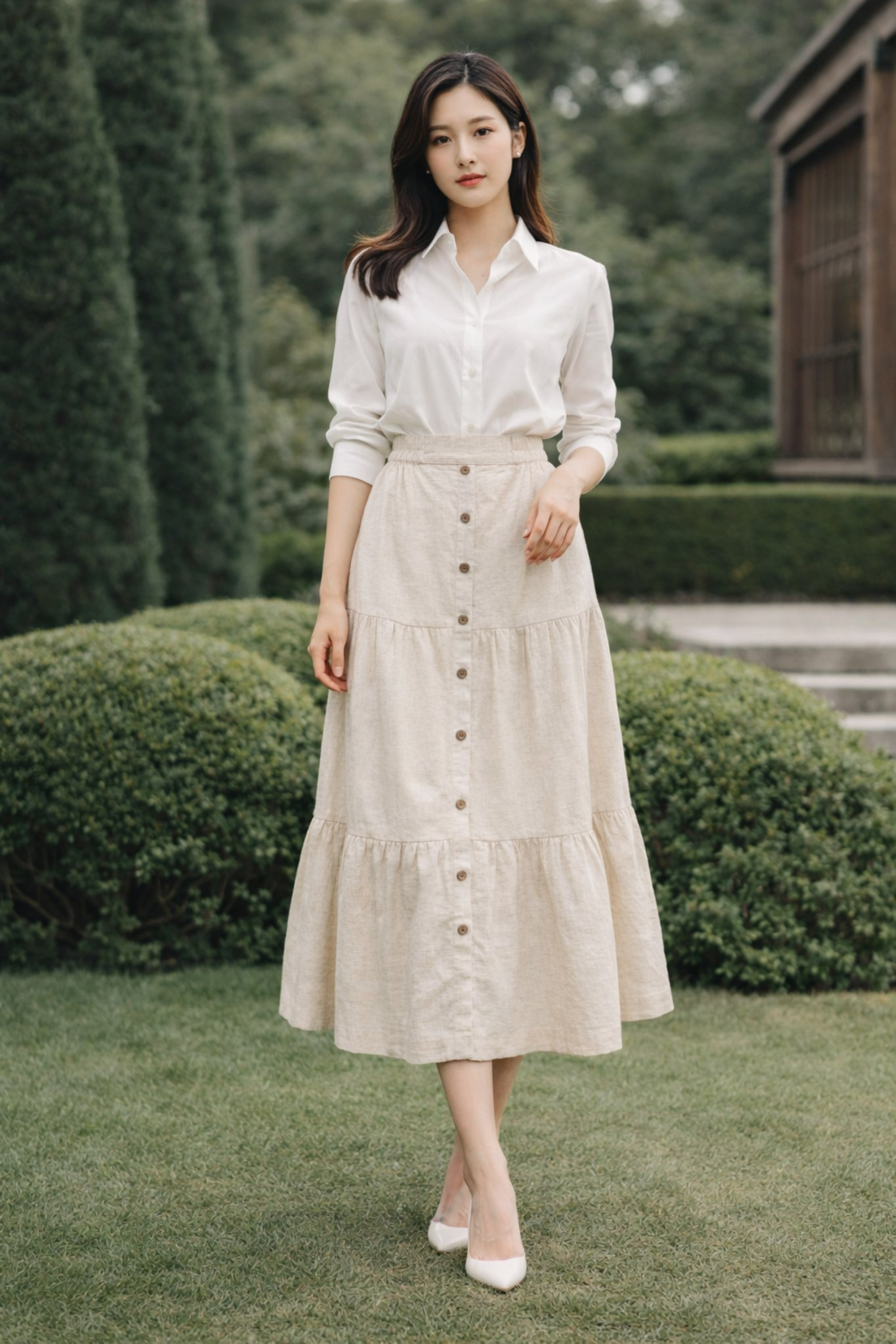 SWANLAKE | Chân Váy Nữ Dài Xòe Nhiều Tầng Lưng Thun Vải Linen Đính Nút Công Sở Thanh Lịch V13795LW01