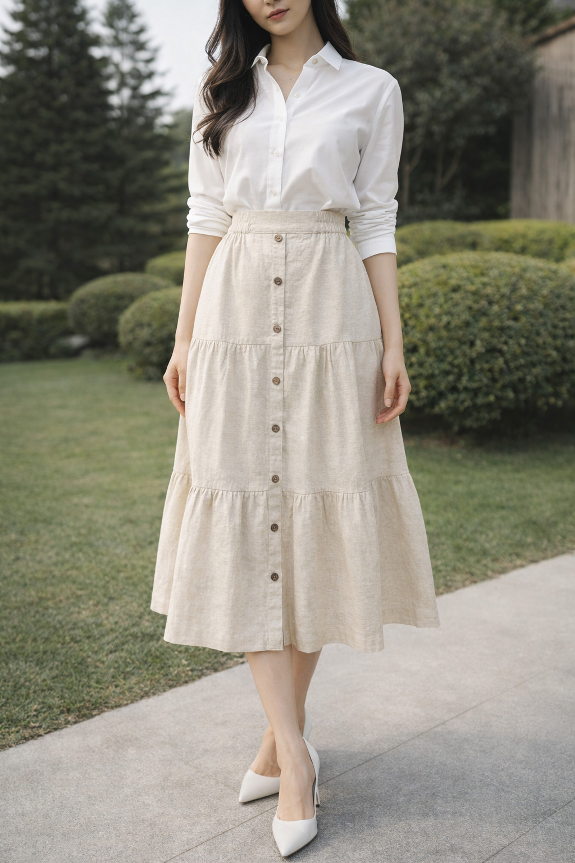 SWANLAKE | Chân Váy Nữ Dài Xòe Nhiều Tầng Lưng Thun Vải Linen Đính Nút Công Sở Thanh Lịch V13795LW01