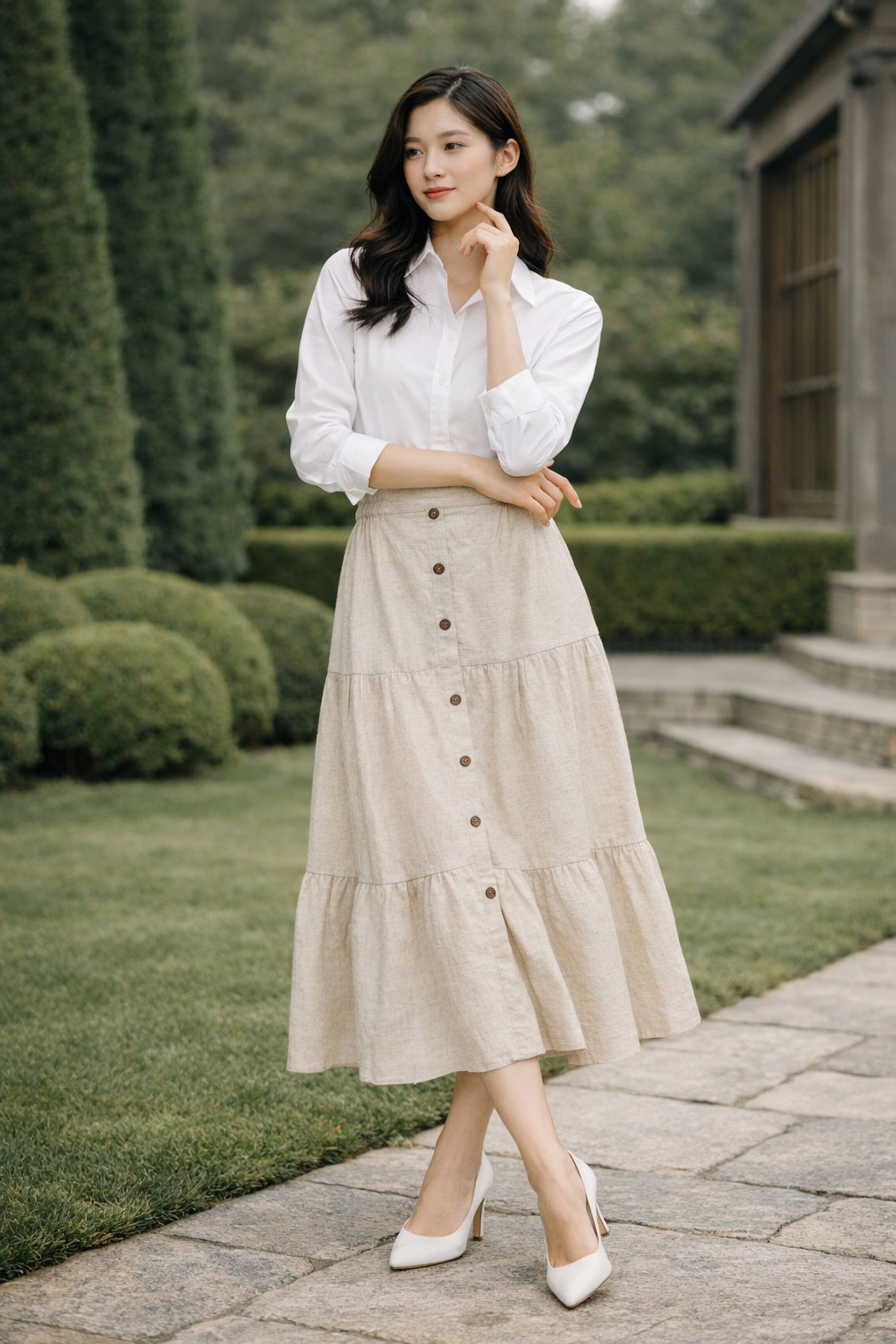 SWANLAKE | Chân Váy Nữ Dài Xòe Nhiều Tầng Lưng Thun Vải Linen Đính Nút Công Sở Thanh Lịch V13795LW01
