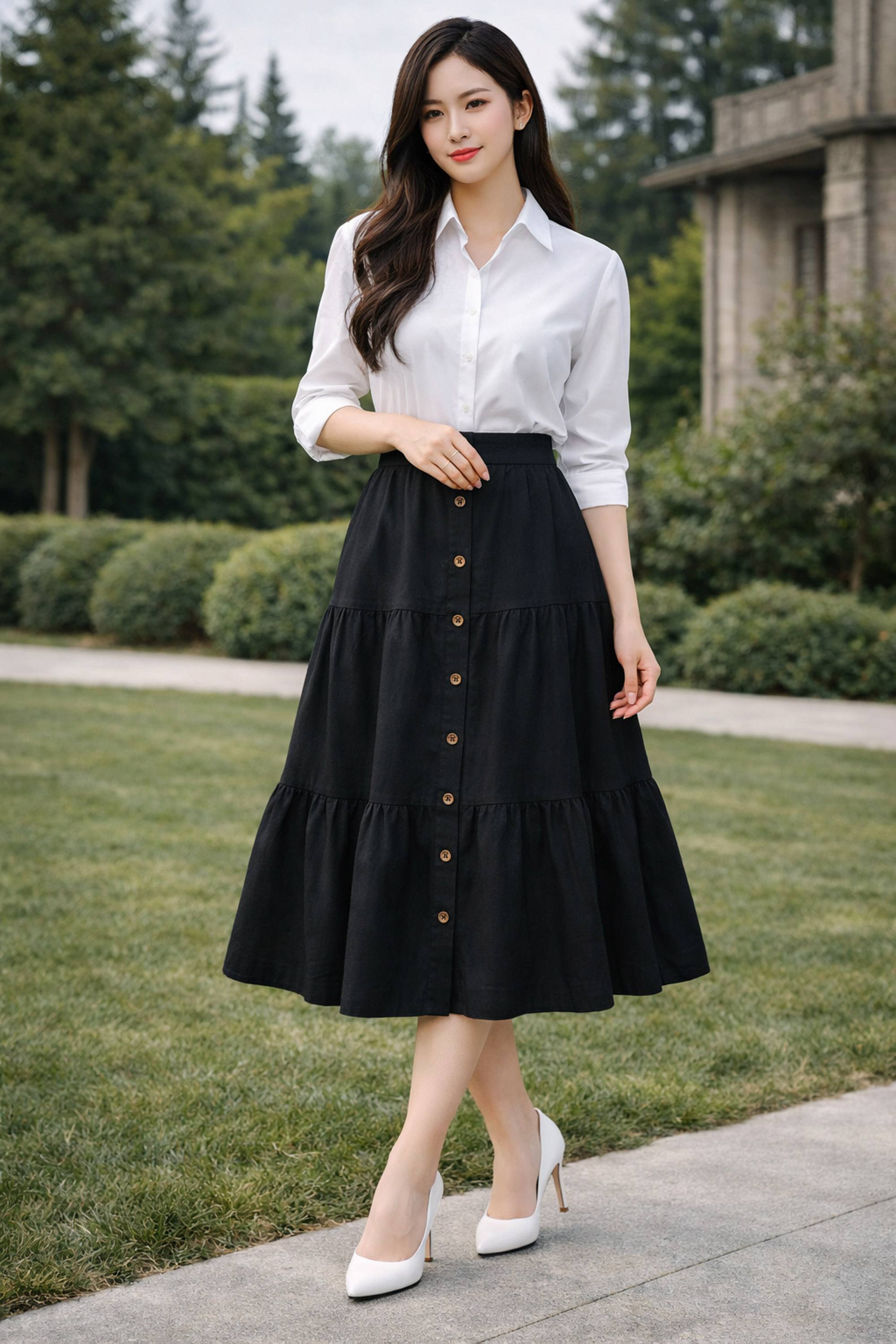 SWANLAKE | Chân Váy Nữ Dài Xòe Nhiều Tầng Lưng Thun Vải Linen Đính Nút Công Sở Thanh Lịch V13795LW01