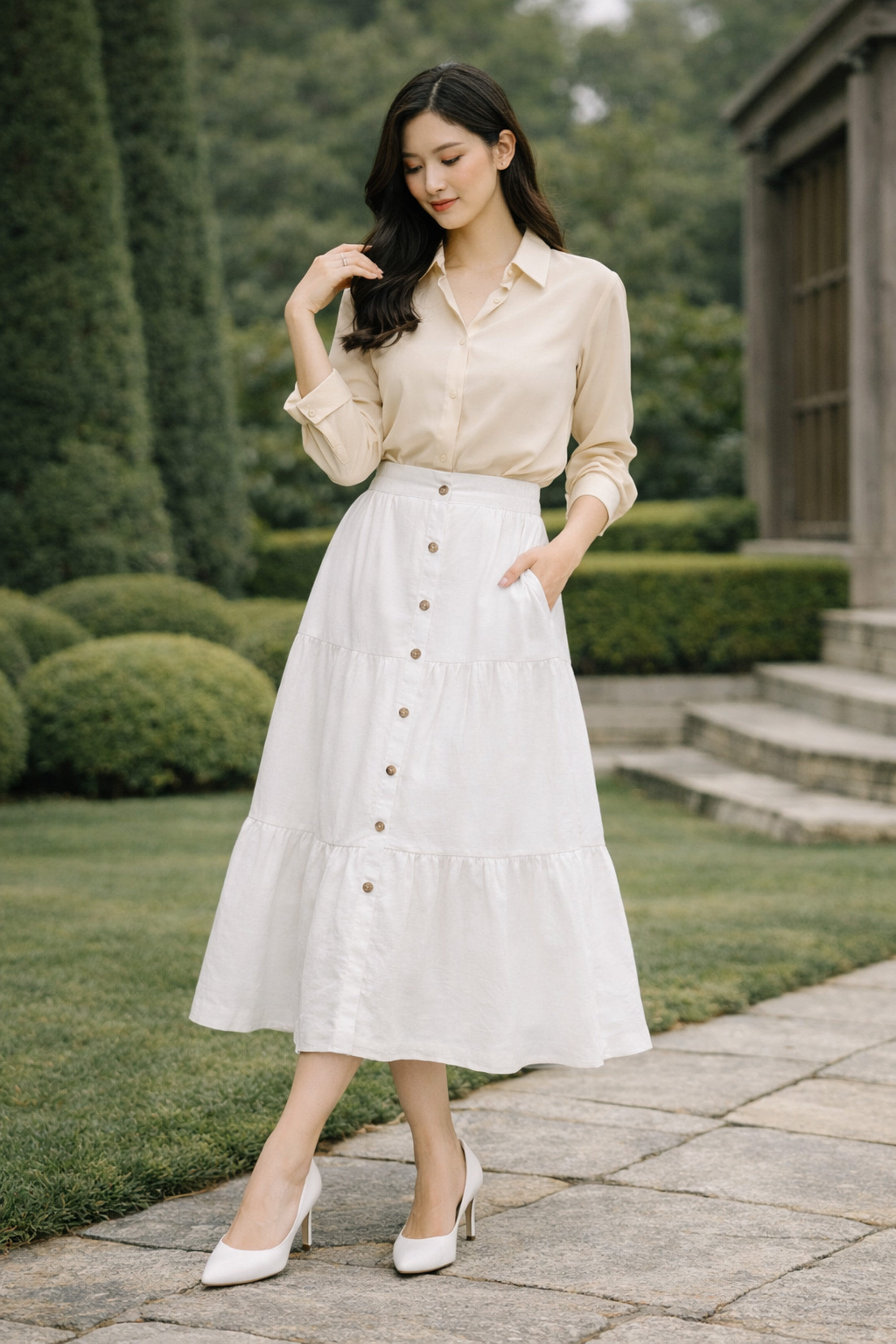 SWANLAKE | Chân Váy Nữ Dài Xòe Nhiều Tầng Lưng Thun Vải Linen Đính Nút Công Sở Thanh Lịch V13795LW01