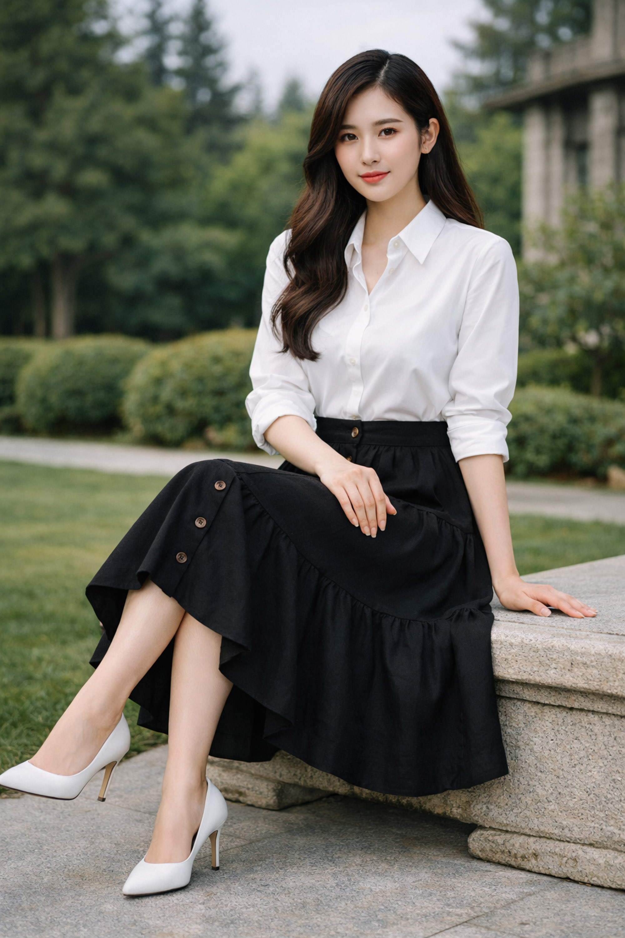 SWANLAKE | Chân Váy Nữ Dài Xòe Nhiều Tầng Lưng Thun Vải Linen Đính Nút Công Sở Thanh Lịch V13795LW01