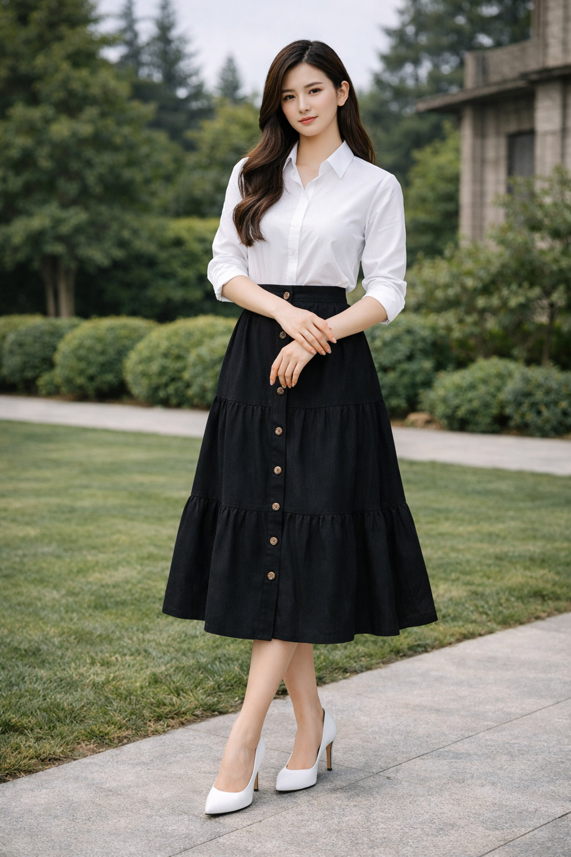 SWANLAKE | Chân Váy Nữ Dài Xòe Nhiều Tầng Lưng Thun Vải Linen Đính Nút Công Sở Thanh Lịch V13795LW01