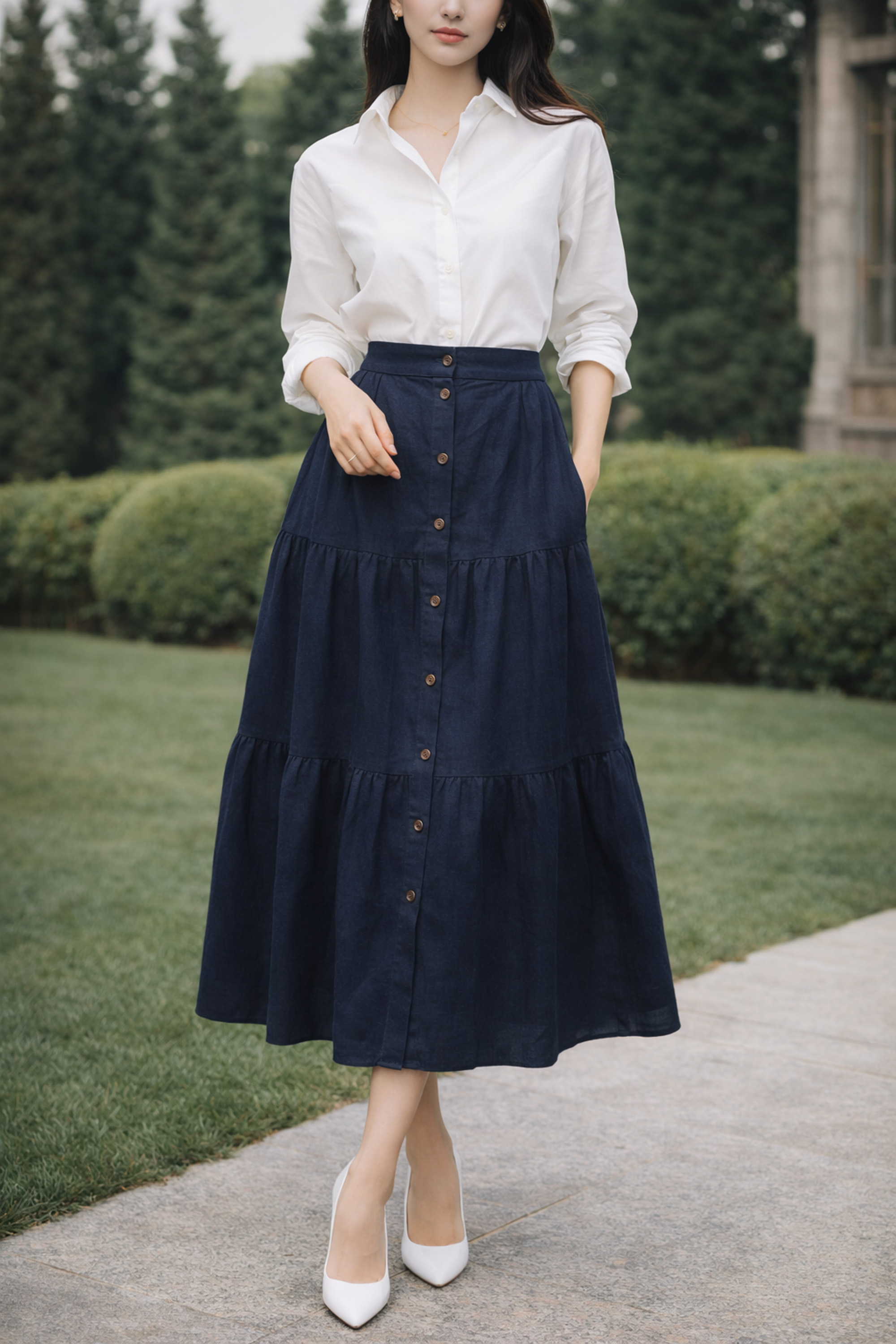 SWANLAKE | Chân Váy Nữ Dài Xòe Nhiều Tầng Lưng Thun Vải Linen Đính Nút Công Sở Thanh Lịch V13795LW01