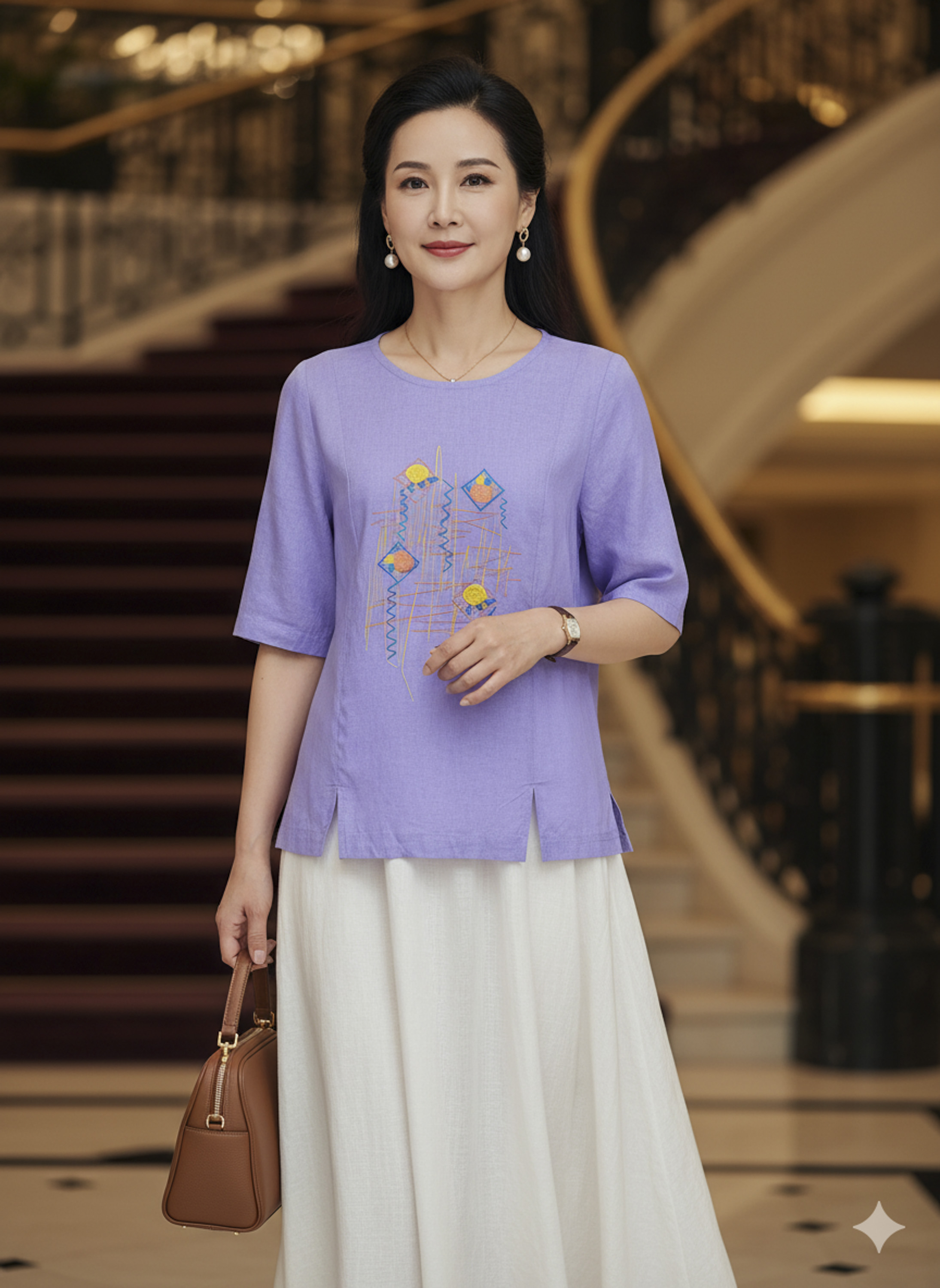 M COLLECTION | Áo Kiểu Nữ Trung Niên Tặng Mẹ Phom Suông Cổ Tròn Chất Vải Linen Thêu Họa Tiết A10943LW01