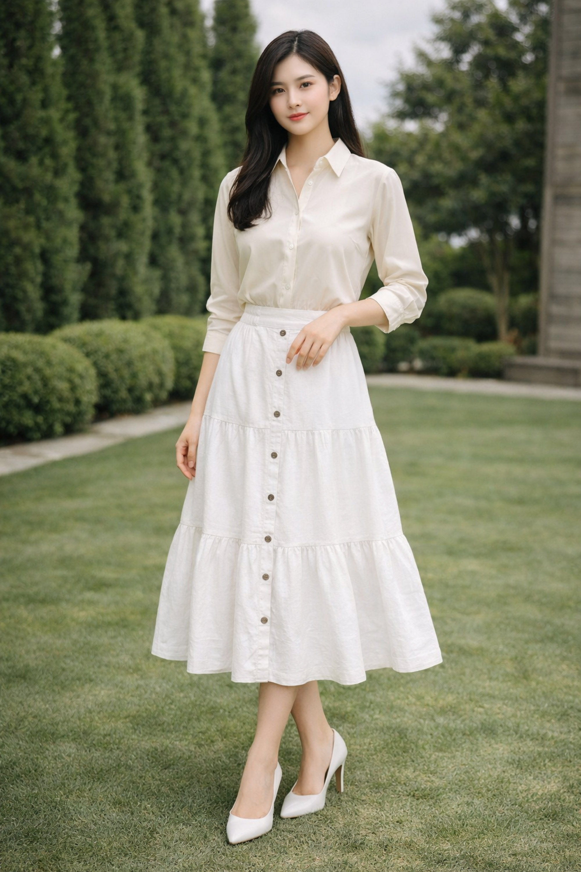 SWANLAKE | Chân Váy Nữ Dài Xòe Nhiều Tầng Lưng Thun Vải Linen Đính Nút Công Sở Thanh Lịch V13795LW01