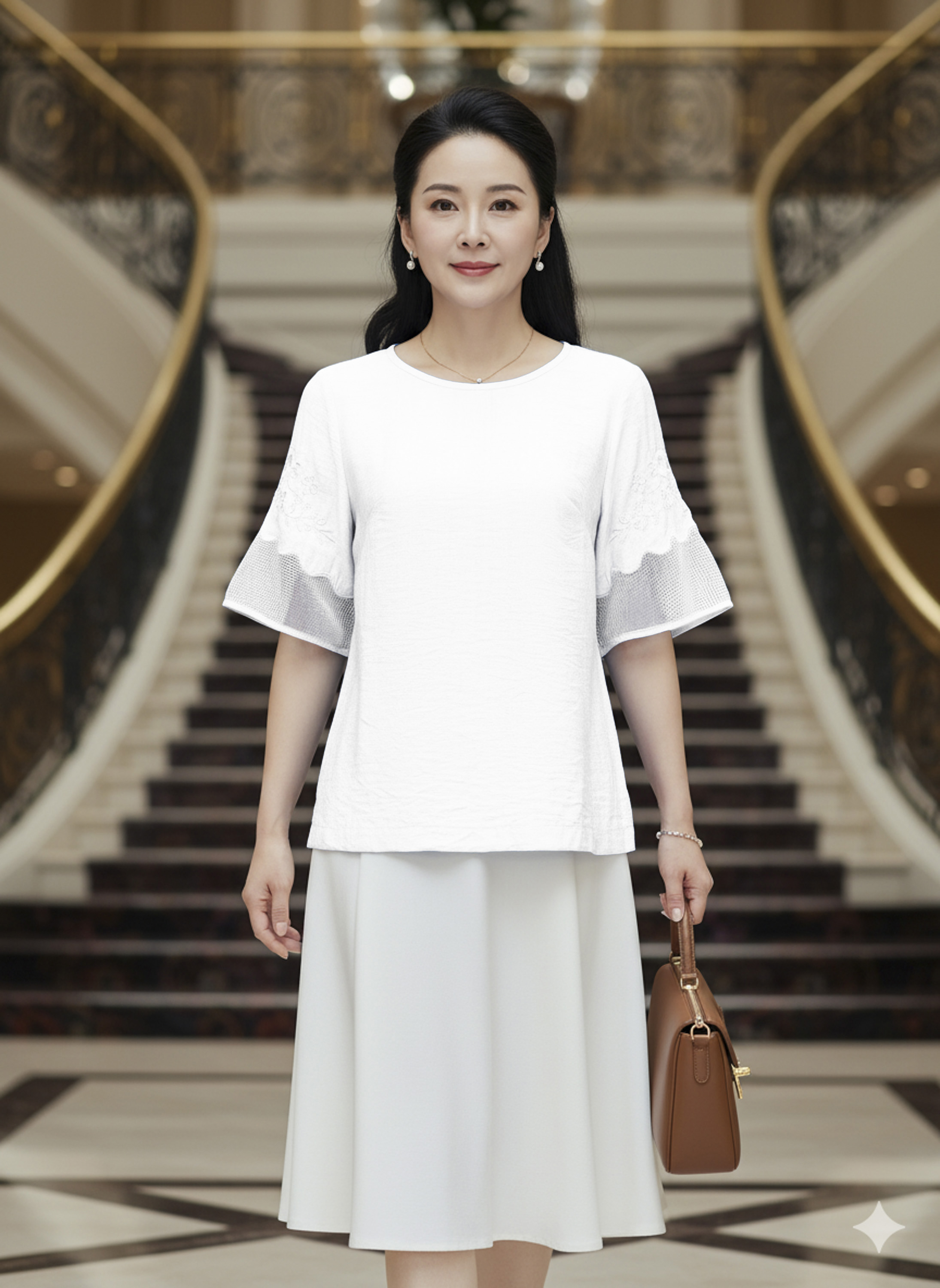 M COLLECTION | Áo Kiểu Nữ Trung Niên Tặng Mẹ Cổ Tròn Vải Lụa Hàn Thêu Hoa Phối Tay Lưới A10957