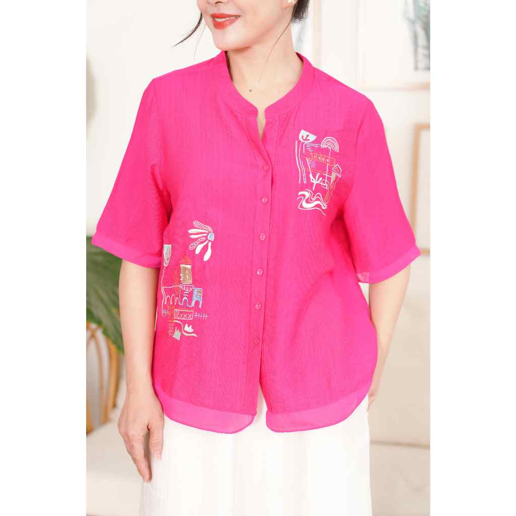 M-Collection - Áo Sơ Mi Cổ Trụ Tay Ngắn Thêu Đối Xứng Chất Liệu Vải Lụa Hàn - A12096LW01