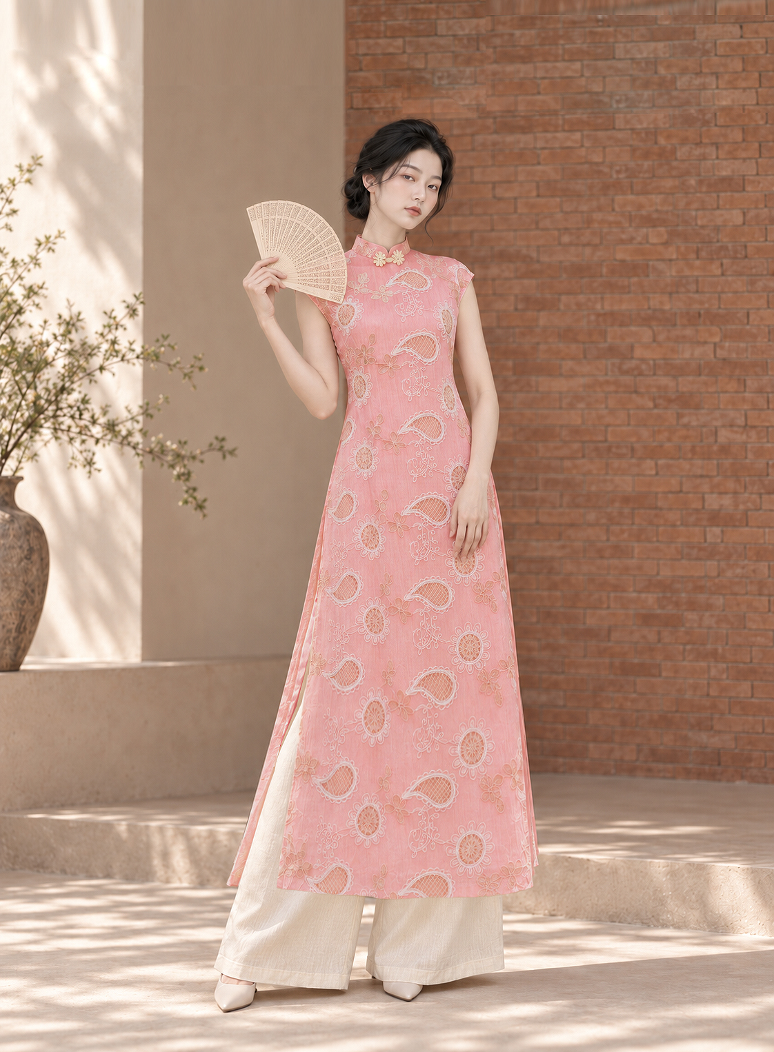 Áo Dài Cách Tân Nữ Cổ Tàu Xốp Hàn Thêu Hoa L13943LW01