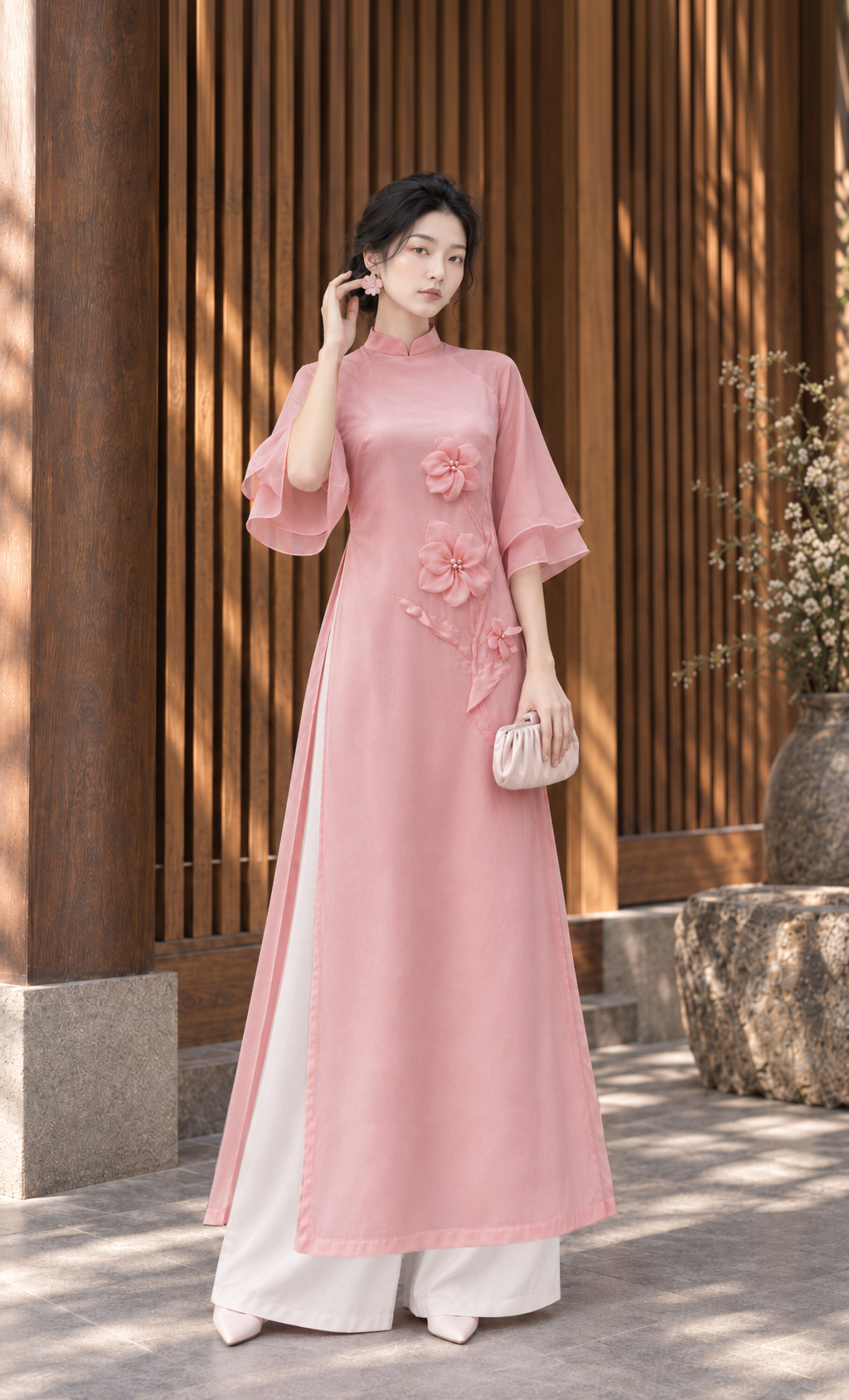 Áo Dài Cách Tân Vải Tơ Ánh Kim Đính Hoa 3D L13982LW01