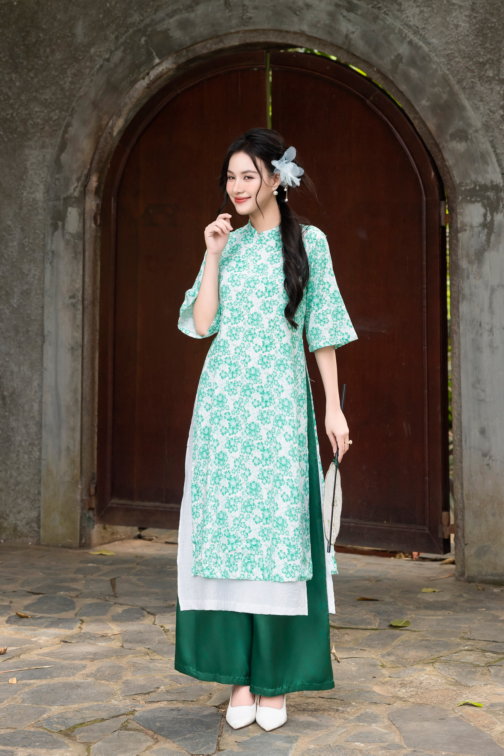 Áo Dài Đào Viên Hai Lớp Chất Liệu Linen Lót Lụa Hàn Swanlake Xanh - L09603LW08