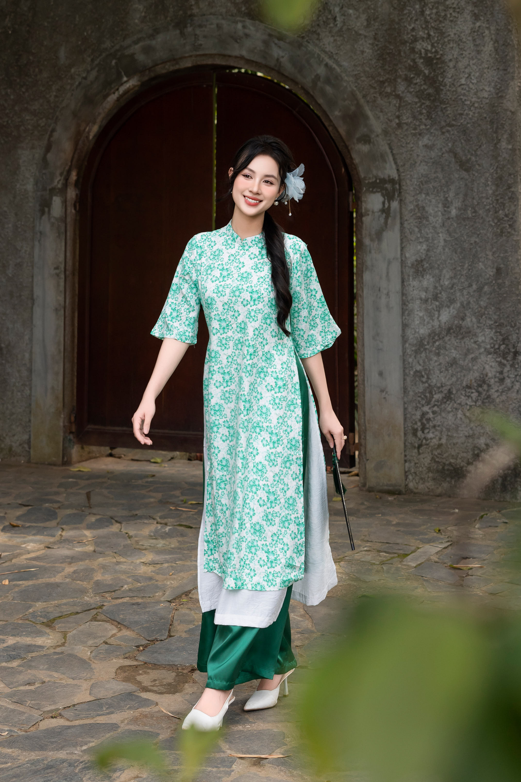 Áo Dài Đào Viên Hai Lớp Chất Liệu Linen Lót Lụa Hàn Swanlake Xanh - L09603LW08