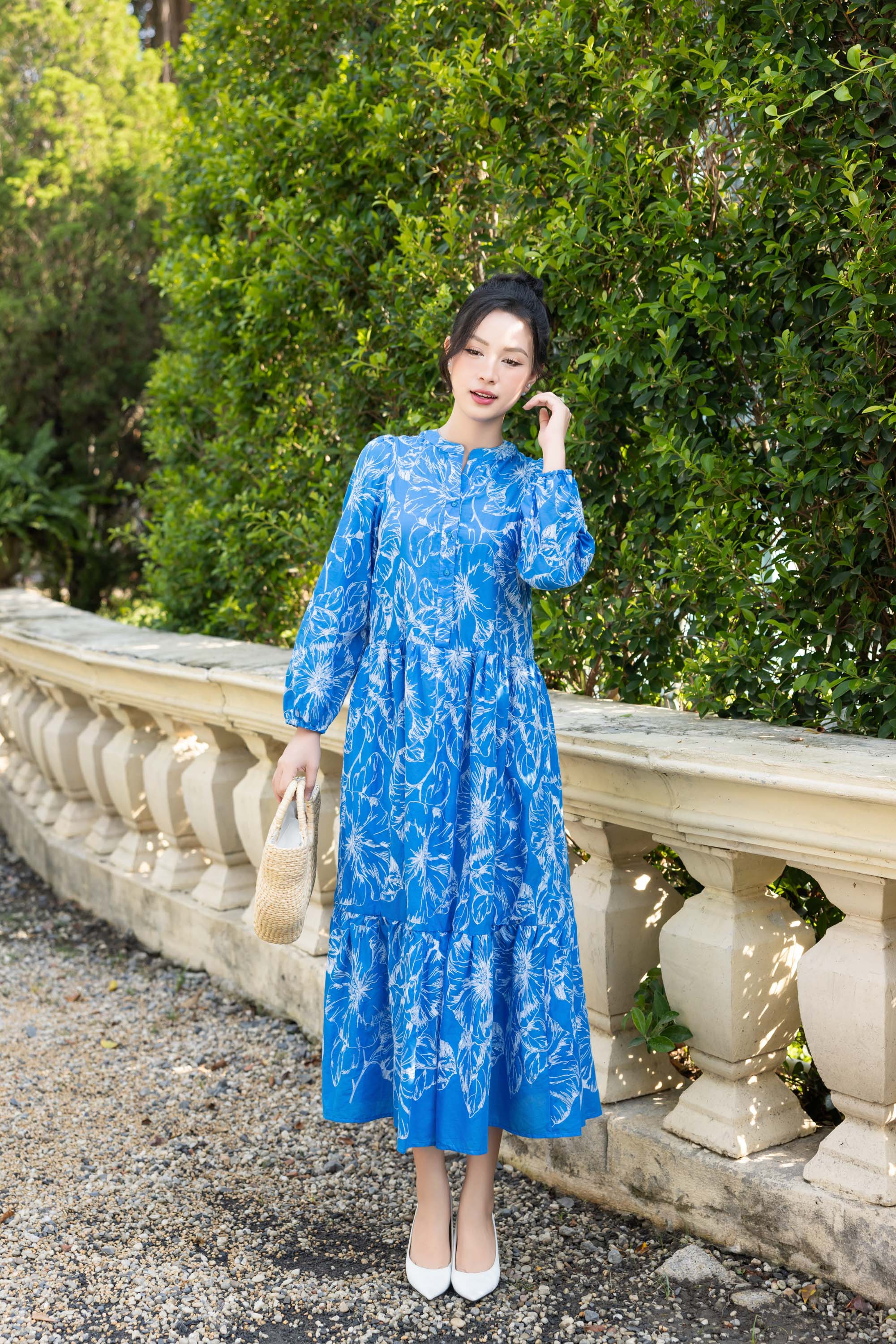 Swanlake | Đầm Maxi Babydoll Cổ Trụ Cotton Thêu - D12394LW02