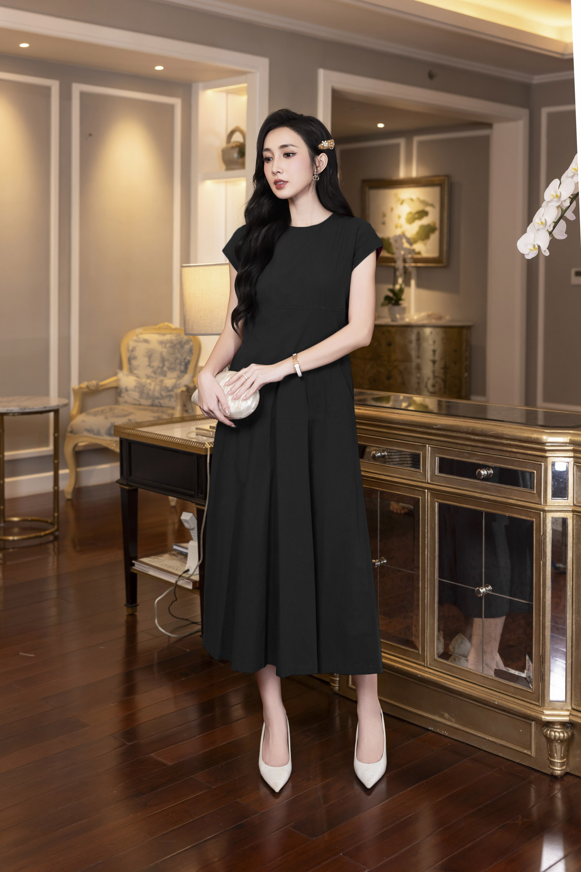 SWANLAKE | Váy Đầm Nữ Maxi Suông Trơn Đuôi Cá Xếp Ly Xòe Cotton Tay Hến Chiết Eo Tiệc Công Sở D13009LW01