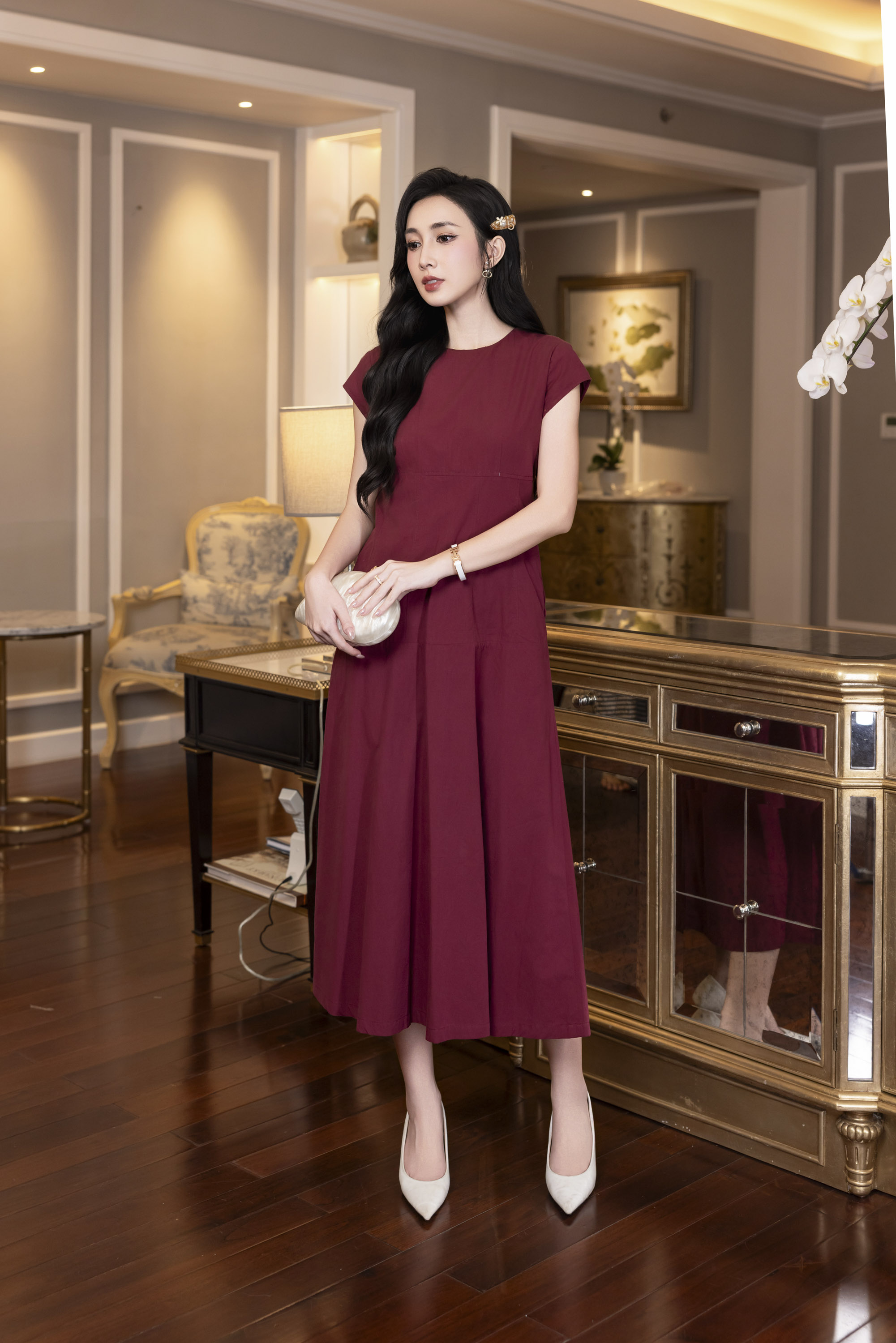 SWANLAKE | Váy Đầm Nữ Maxi Suông Trơn Đuôi Cá Xếp Ly Xòe Cotton Tay Hến Chiết Eo Tiệc Công Sở D13009LW01