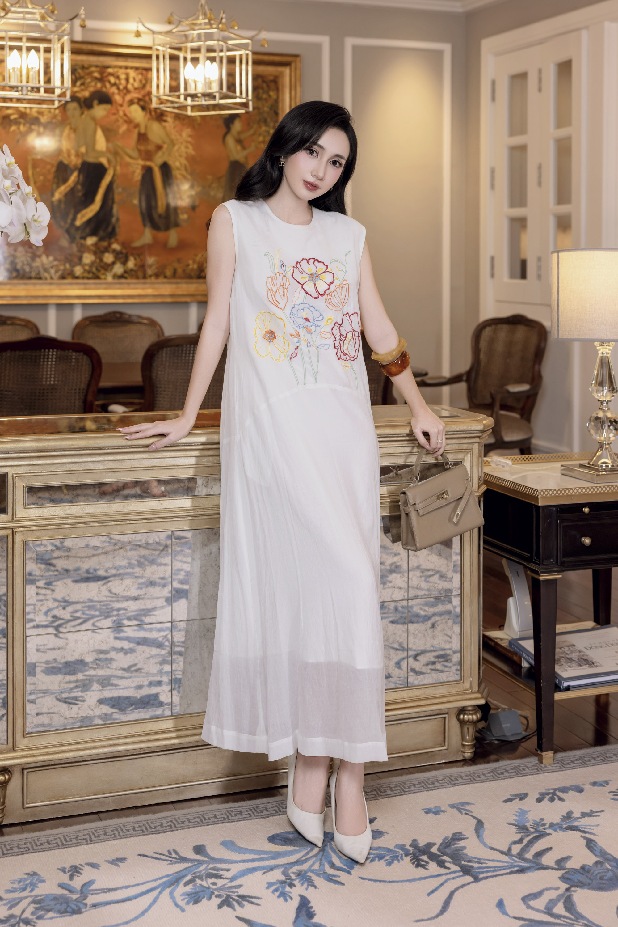 SWANLAKE | Váy Đầm Nữ Suông Maxi Xòe Sát Nách Cotton Cát Lót Thêu Hoa Tiệc Công Sở Thanh Lịch D12935LW01