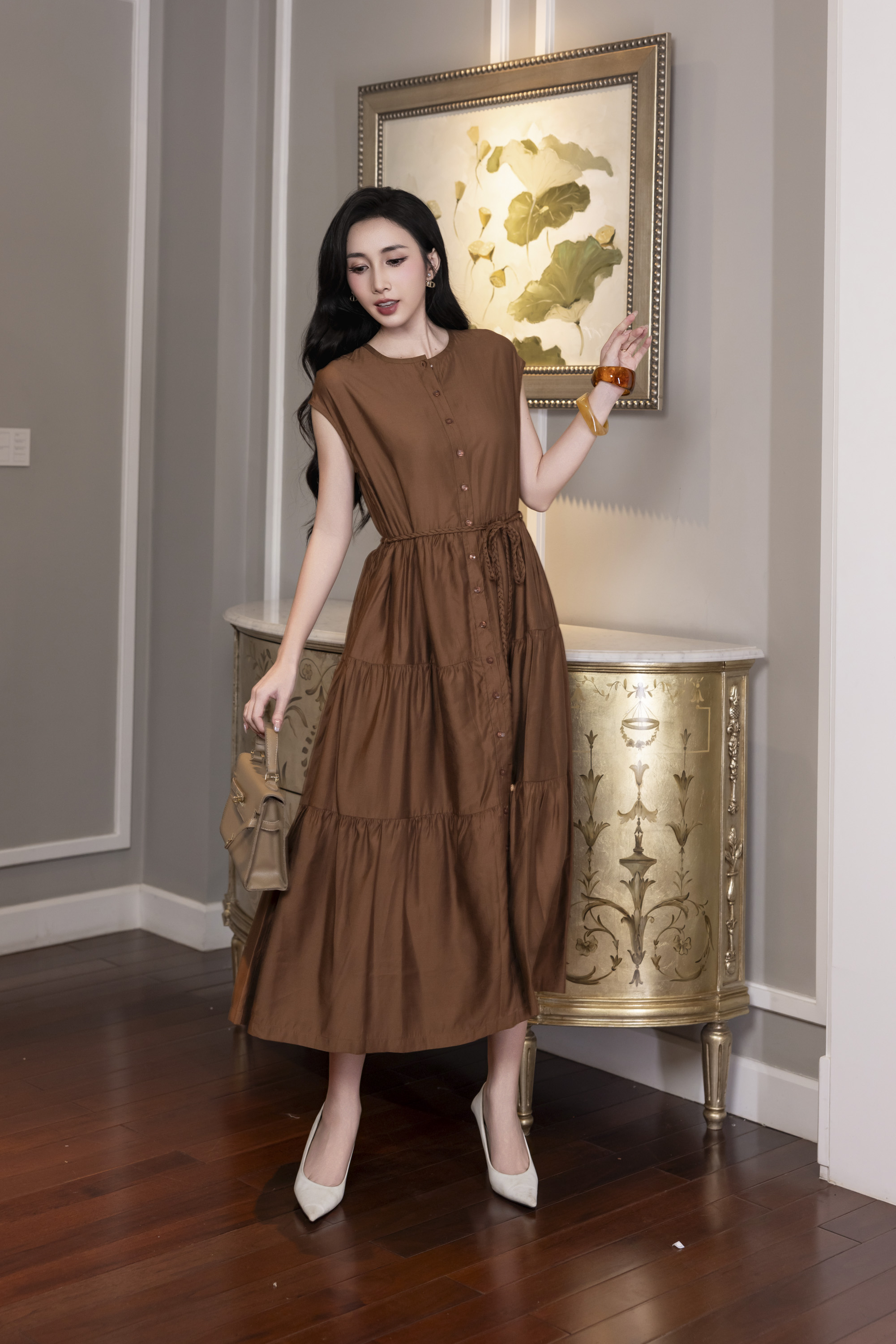 SWANLAKE | Váy Đầm Midi Có Cột Dây Chất Tơ Tay Hến D12971LW01