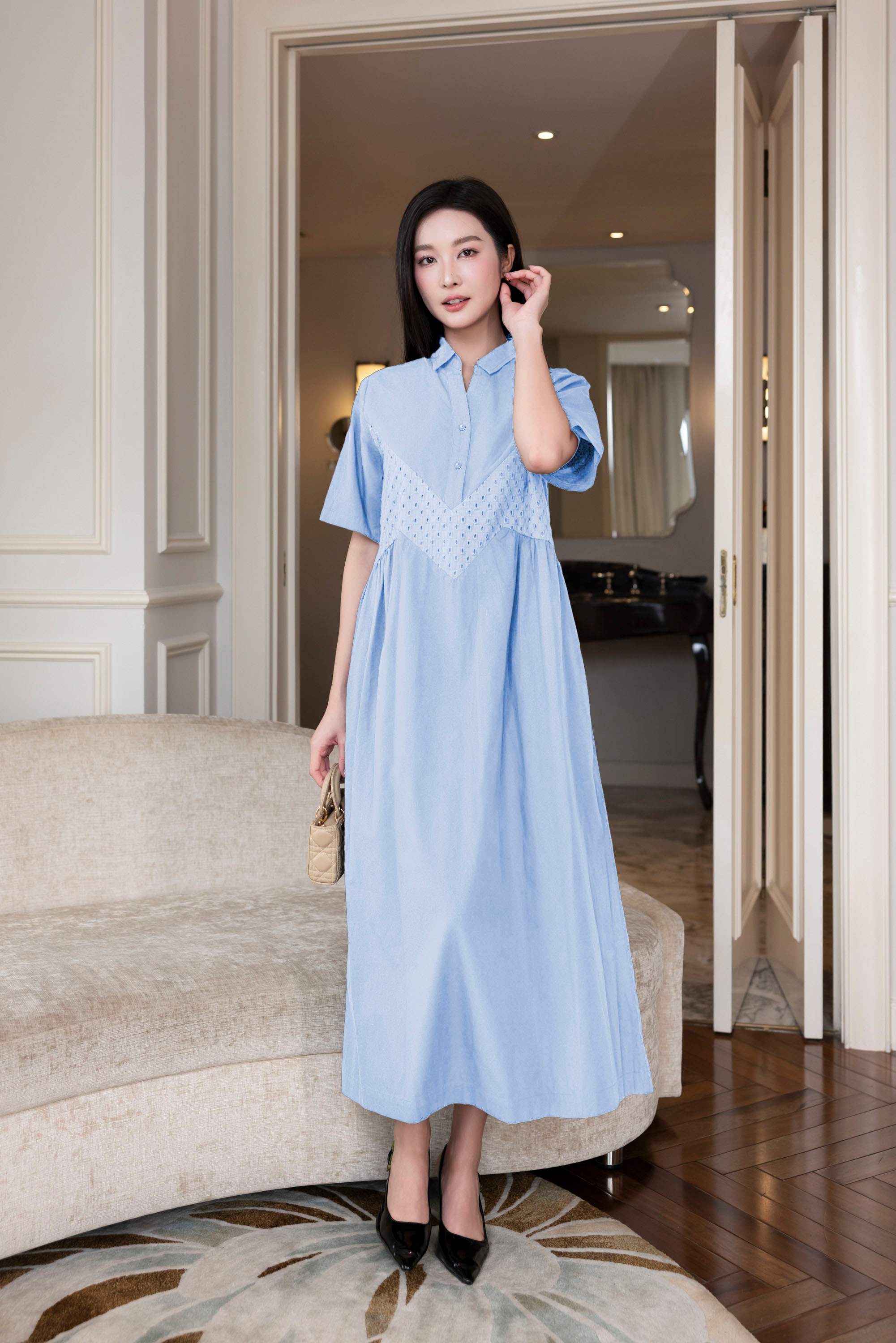 SWANLAKE | Váy Đầm Maxi Nữ Sơ Mi Suông Cài Nút Vải Cotton Phối Lưới Tay Ngắn Nhấn Eo Công Sở D12788LW01