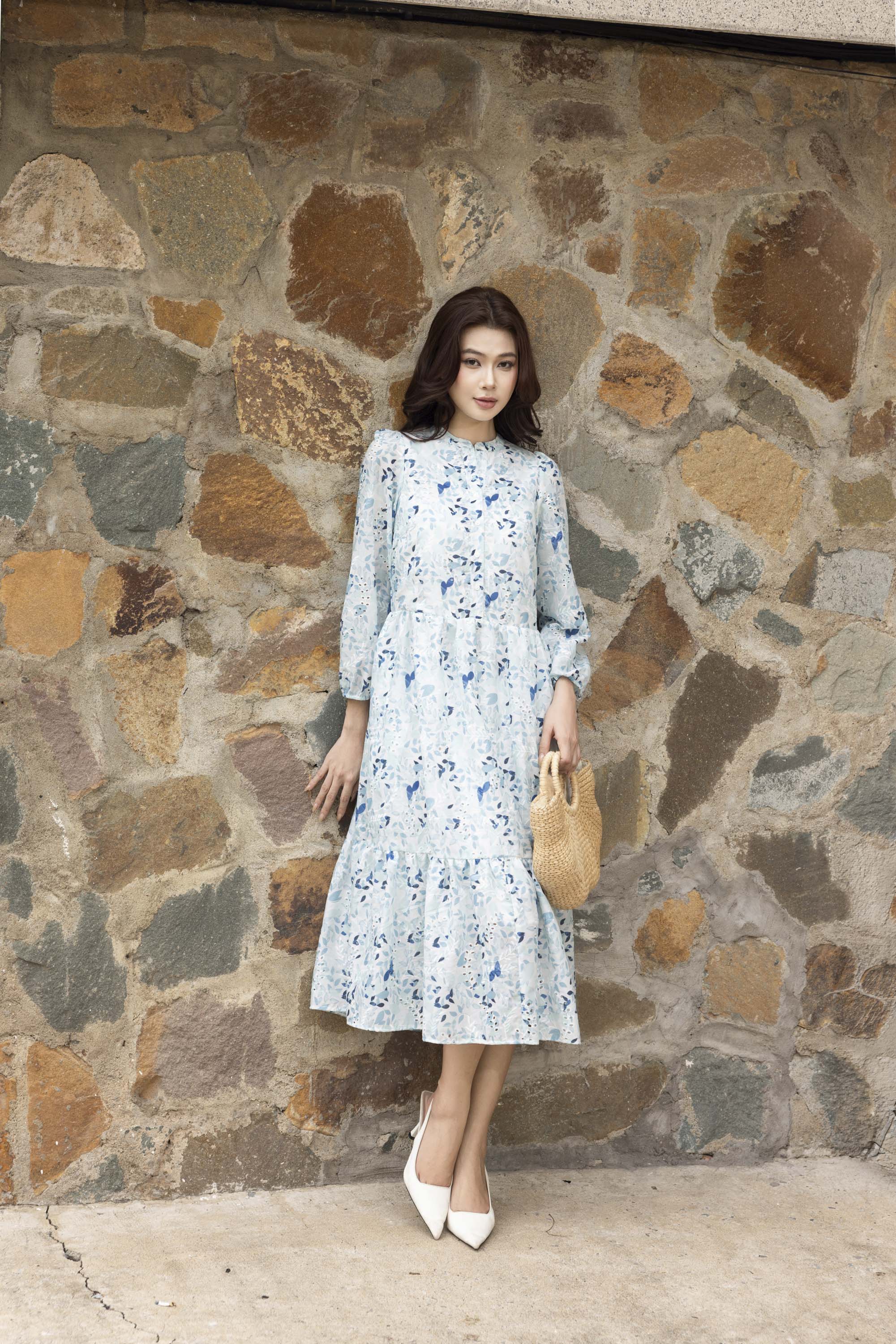 SWANLAKE | Váy Đầm Nữ Suông Maxi Đuôi Cá Hè Vải Cotton Thêu Đục Lỗ In Hoa Đi Biển Du Lịch D12394W11