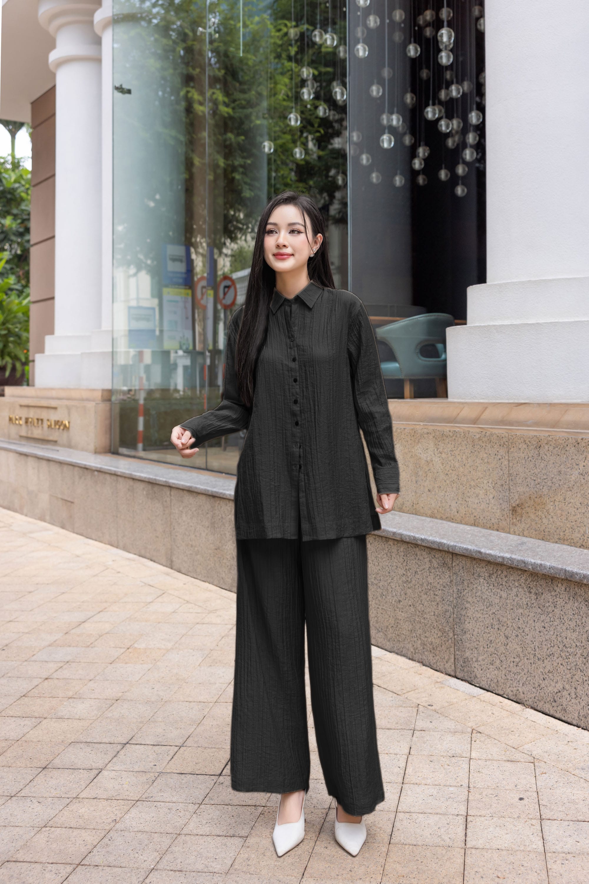 Swanlake | Set Bộ Tơ Dập Ly Sơ Mi Quần Suông Dài - B11687LW01