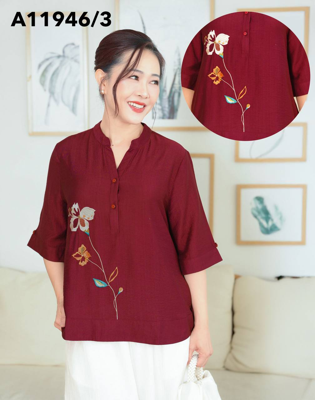 M-Collection - Áo Cổ Trụ Thêu Hoa Vạt Bầu Lụa Hàn - A11946LW01