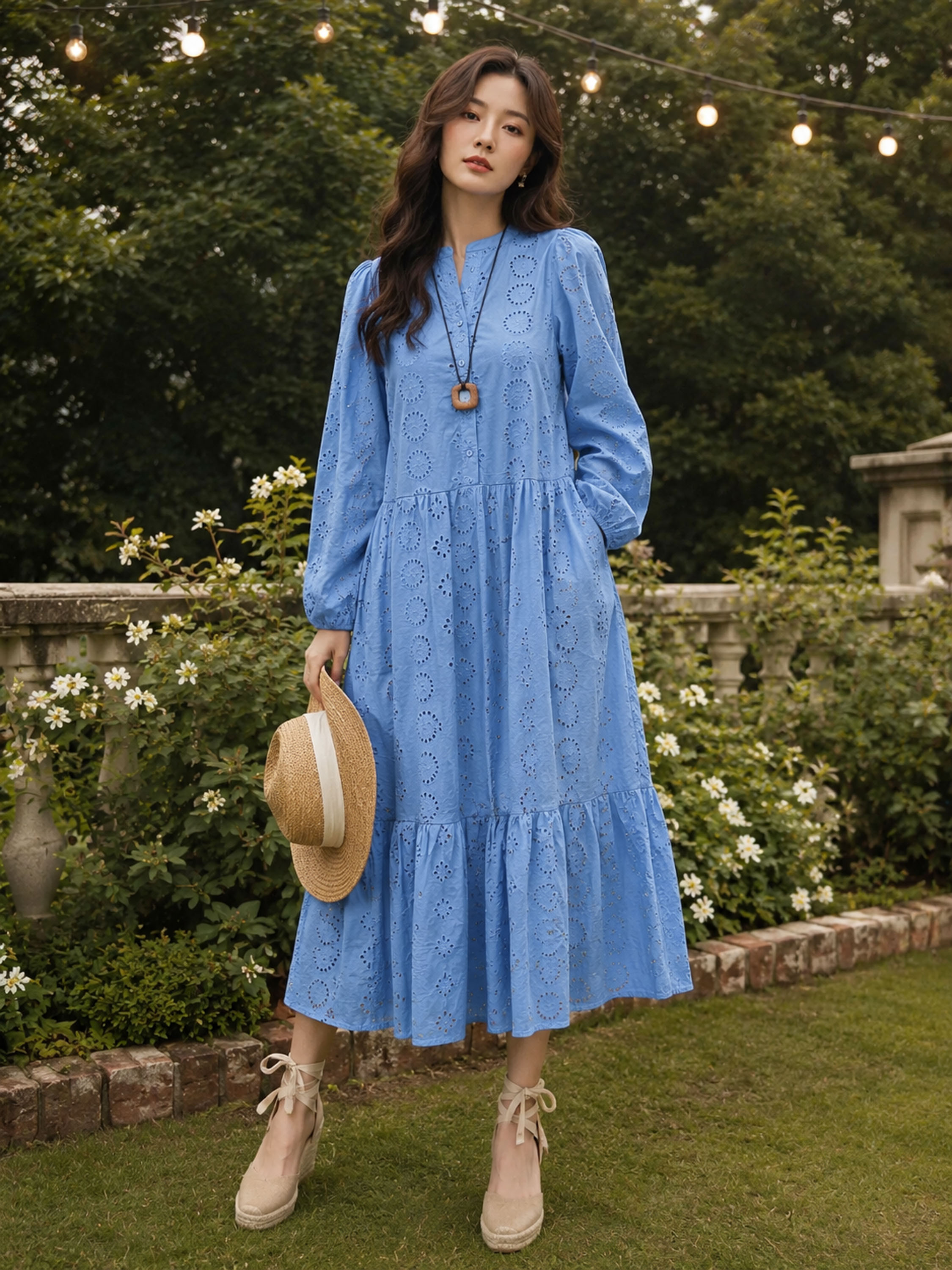 SWANLAKE | Váy Đầm Nữ Maxi Đuôi Cá Babydoll Cotton Thêu Đục Lỗ Trơn Cổ Trụ Cài Nút Tay Dài Hè D12394LW12