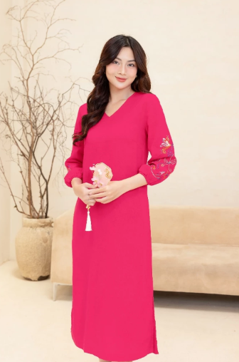 Đầm Midi Suông Xẻ Tà Cổ V Tay Lỡ Thêu Hoa Nổi Vải Linen D12131