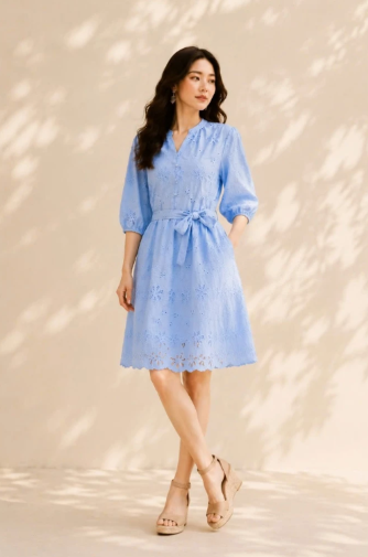 Đầm Suông Cổ Trụ Dây Thắt Eo Cotton Thêu Đục Lỗ D12671LW01