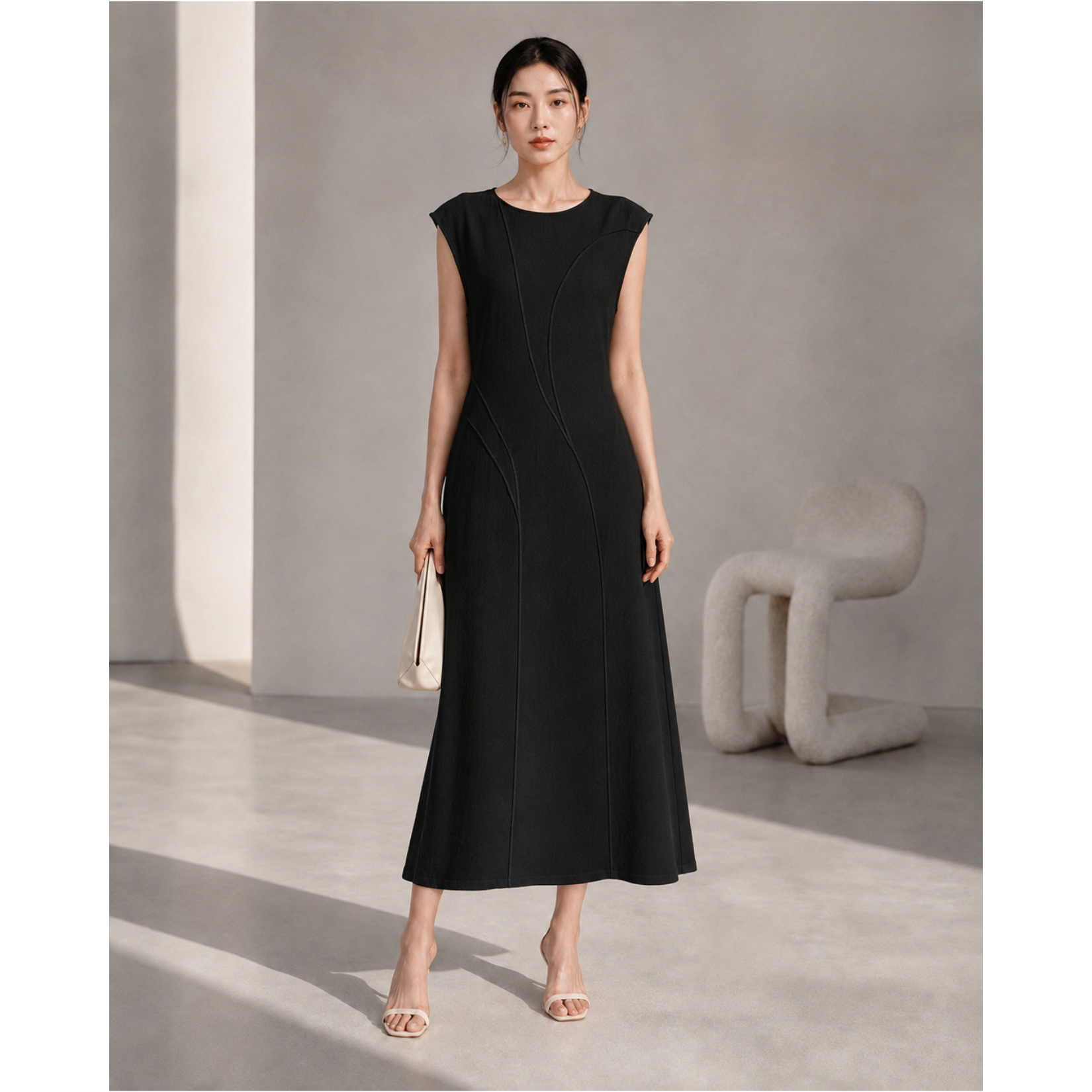 SWANLAKE | Váy Đầm Nữ Dài Sát Nách Cổ Tròn Viền Nổi Chiết Eo Vải Linen Công Sở Thanh Lịch D13955LW01